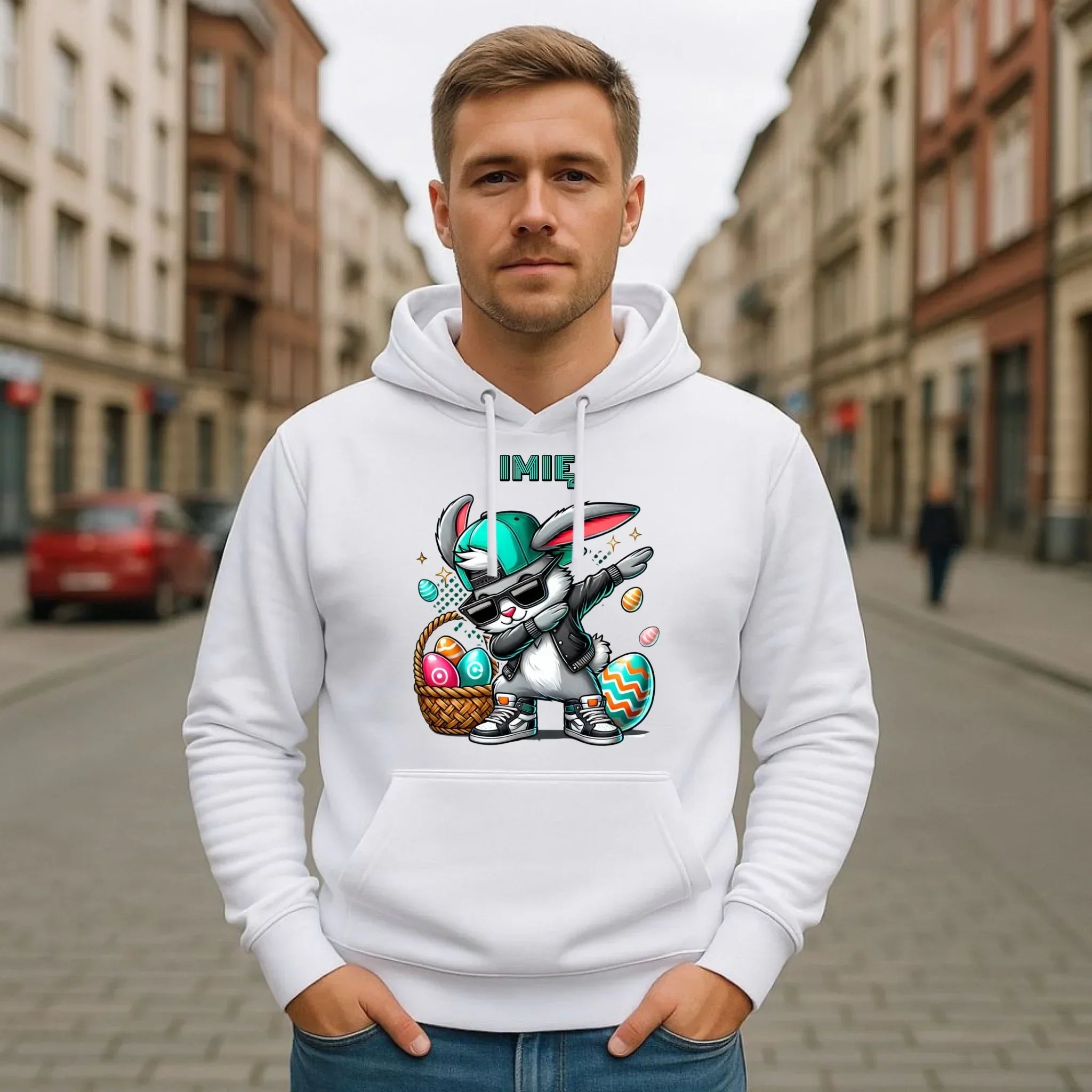 Bluza męska z kapturem wielkanocna - Zajączek Dab dance - personalizowana WN09 - StoryCups.pl