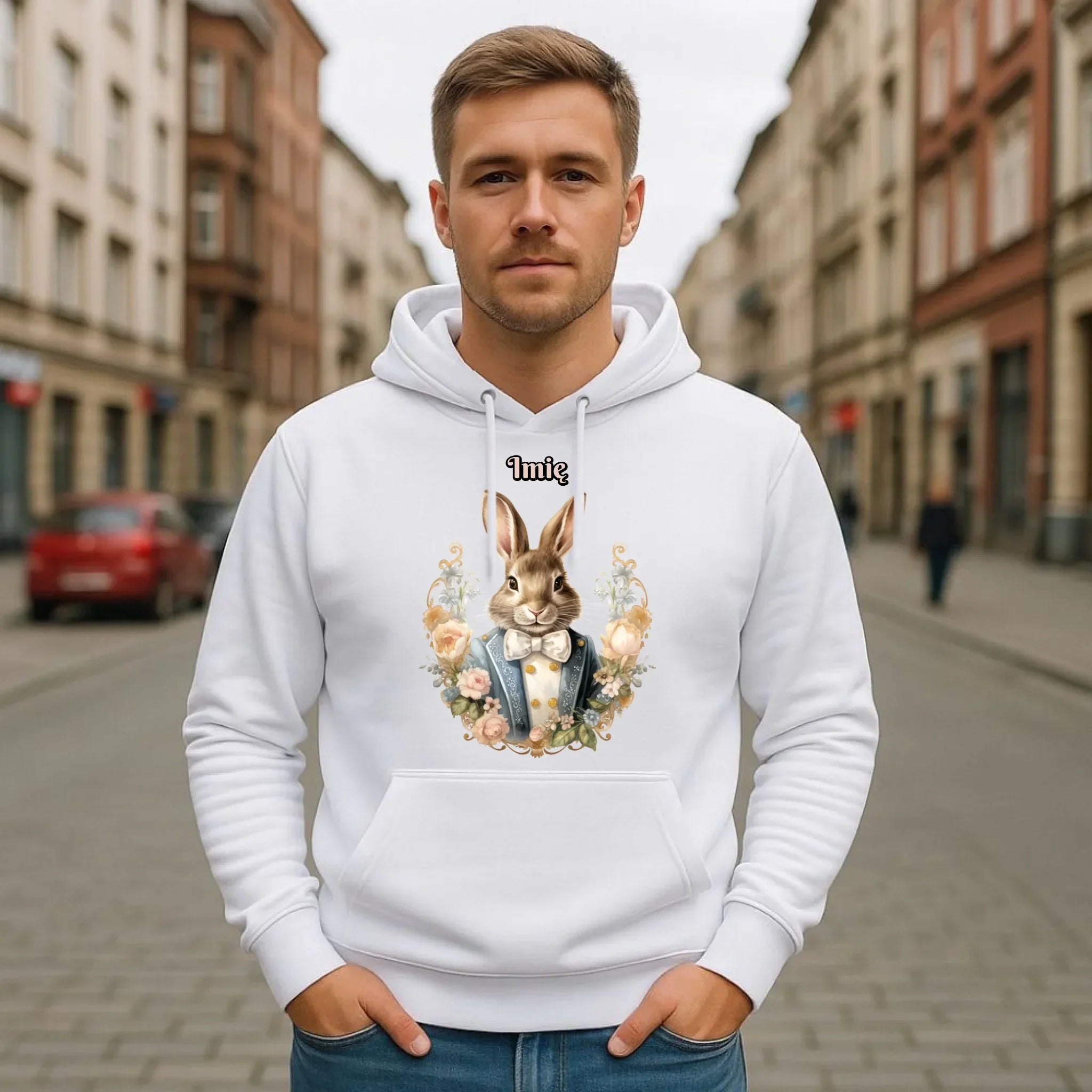Bluza męska z kapturem na Wielkanoc - Elegancki Pan Zając - personalizowana WN06 - StoryCups.pl