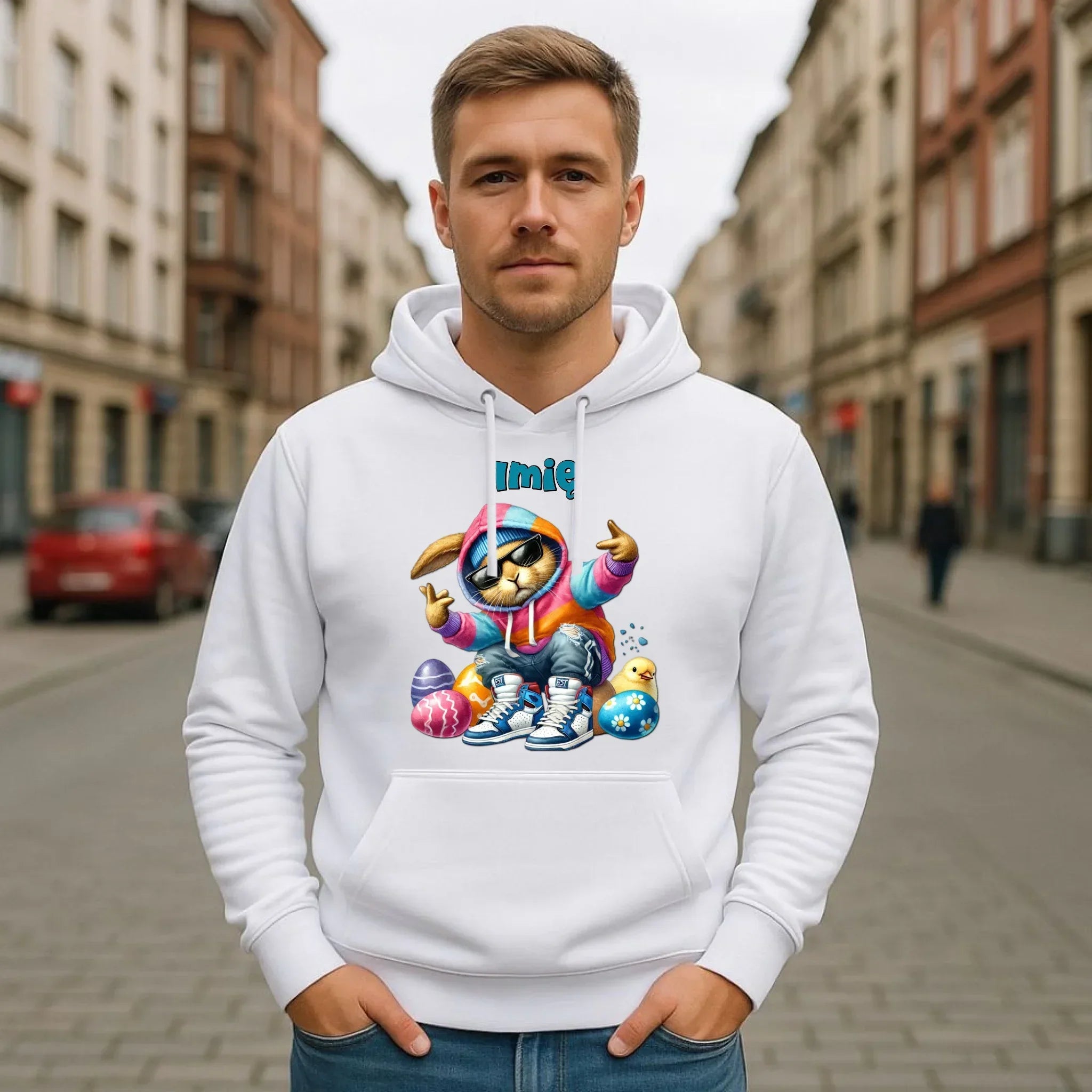 Bluza męska z kapturem na Wielkanoc - Sigma Zając w pisankach - Prezent personalizowany WN04 - StoryCups.pl