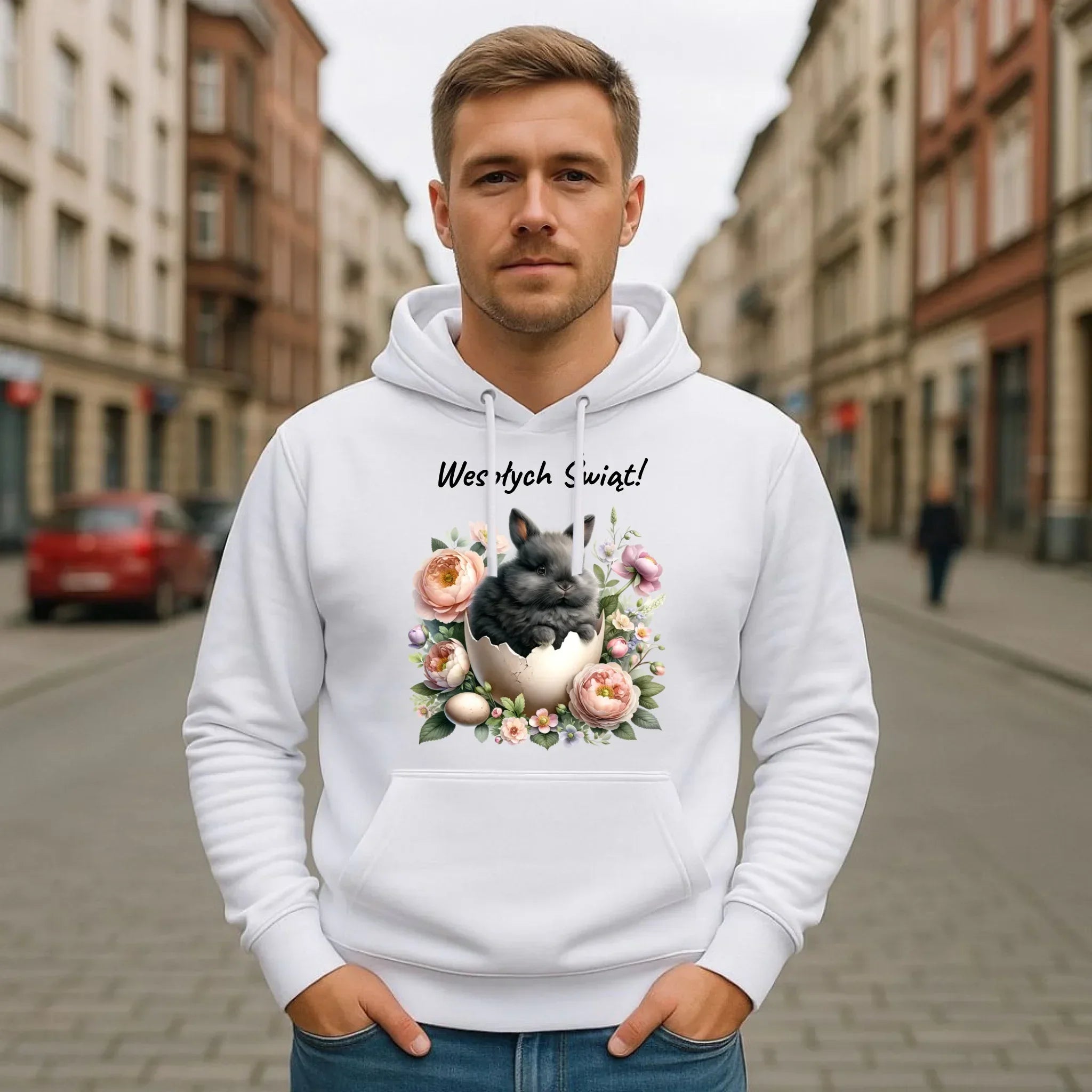 Bluza męska z kapturem na Wielkanoc - Zajączek w pisance Wesołych Świąt WN03 - StoryCups.pl