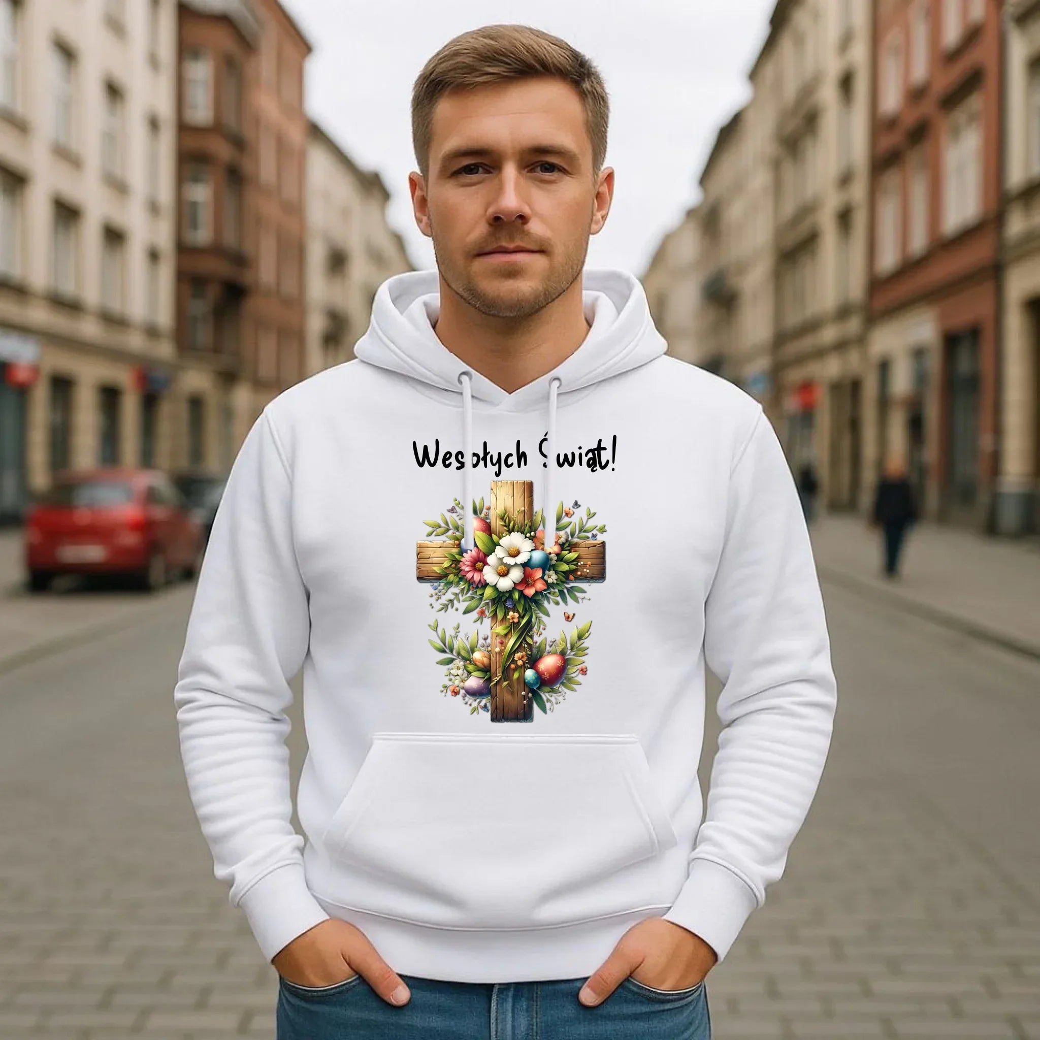 Bluza męska z kapturem na Wielkanoc - Krzyż z kwiatami Wesołych Świąt WN02 - StoryCups.pl