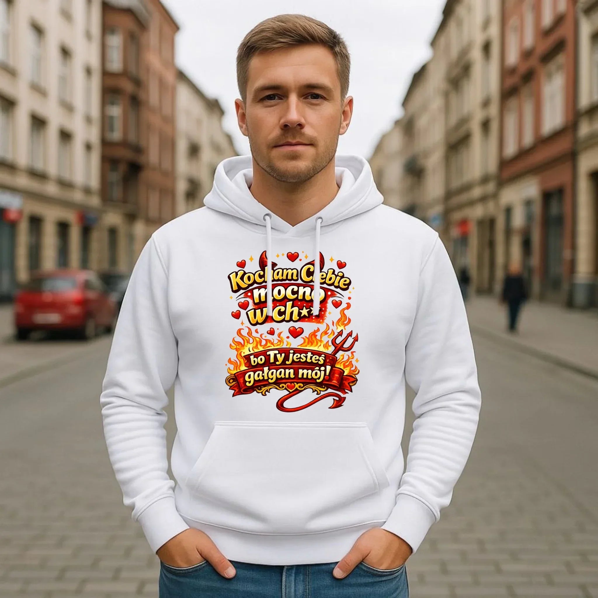 Bluza męska z kapturem - Kocham Ciebie mocno w ch** bo Ty jesteś gałgan mój W82 - StoryCups.pl