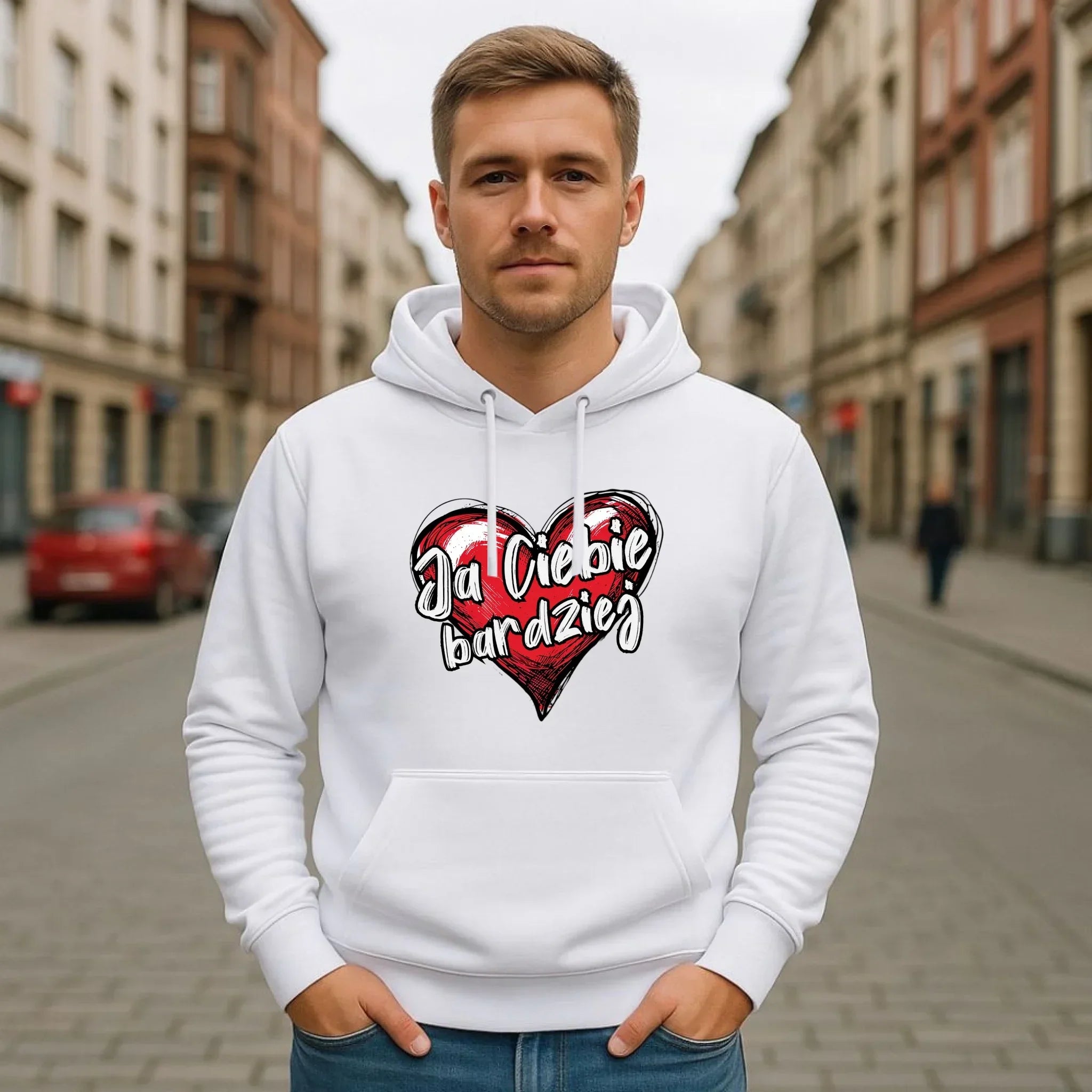 Bluza męska z kapturem - Serce Ja Ciebie bardziej W84 - StoryCups.pl