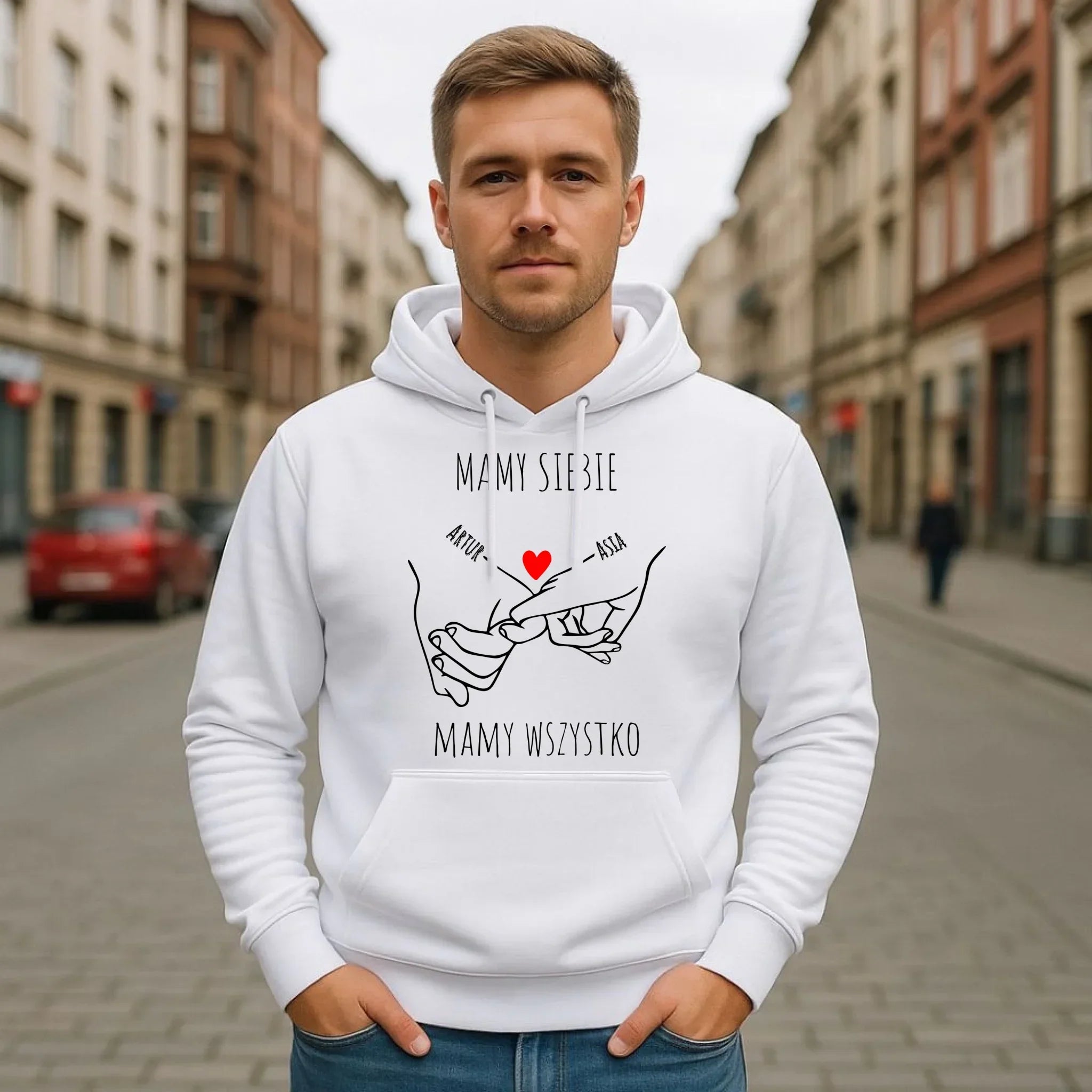 Bluza męska z kapturem - Zaplecione ręce mamy siebie mamy wszystko - personalizowana W63 - StoryCups.pl