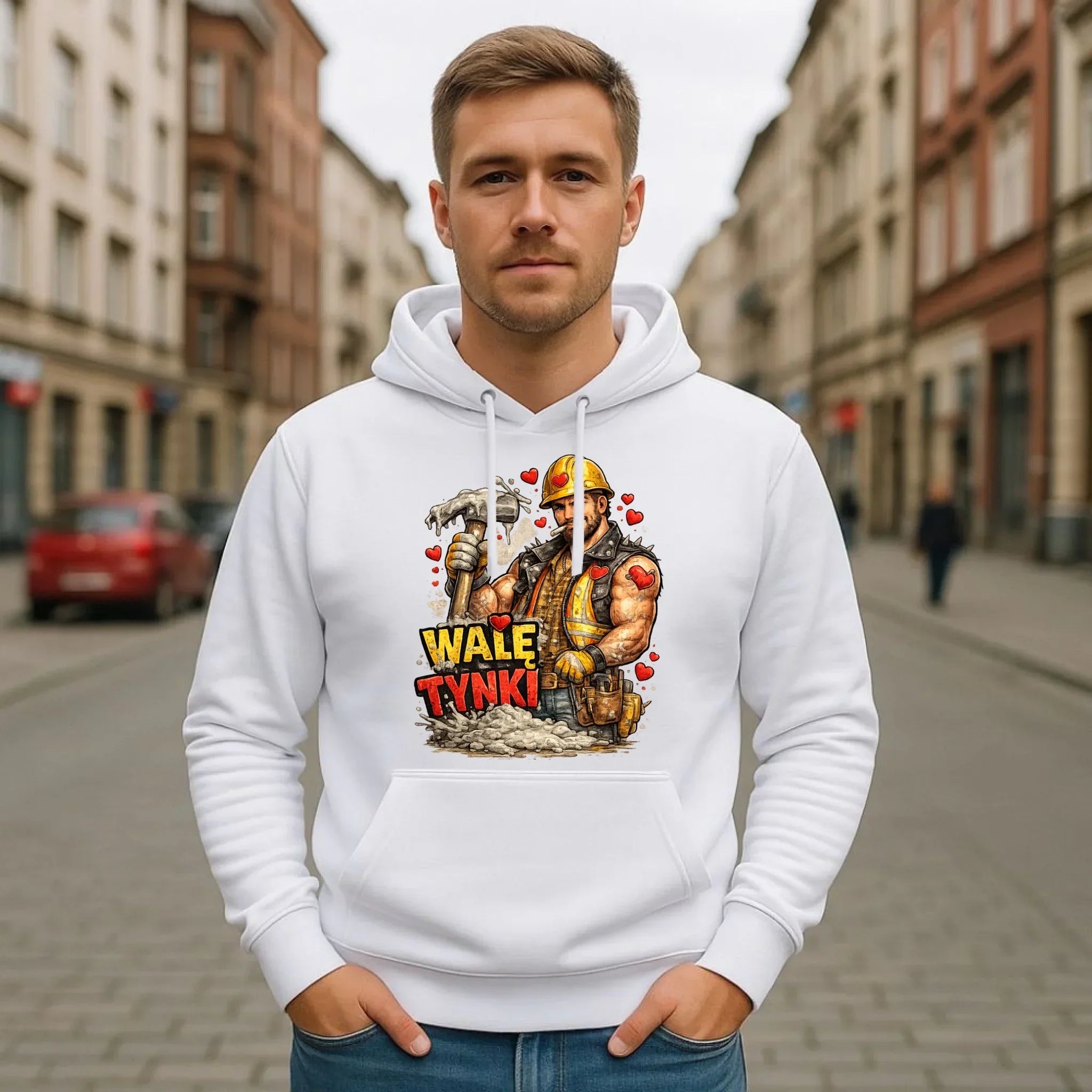 Bluza męska z kapturem na Walentynki - Budowlaniec Walę tynki W64 - StoryCups.pl