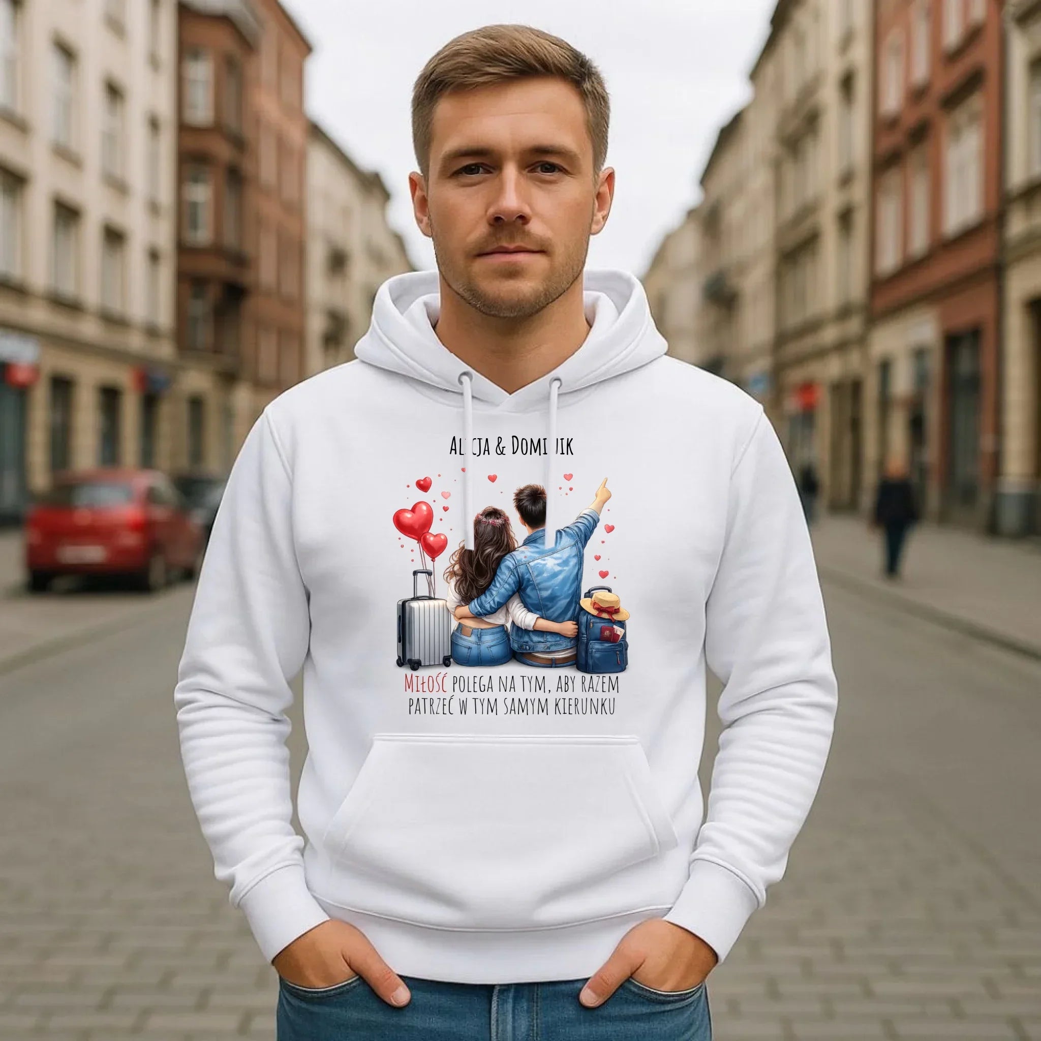 Bluza męska z kapturem dla par - Para w podróży miłość - personalizowana W12 - StoryCups.pl