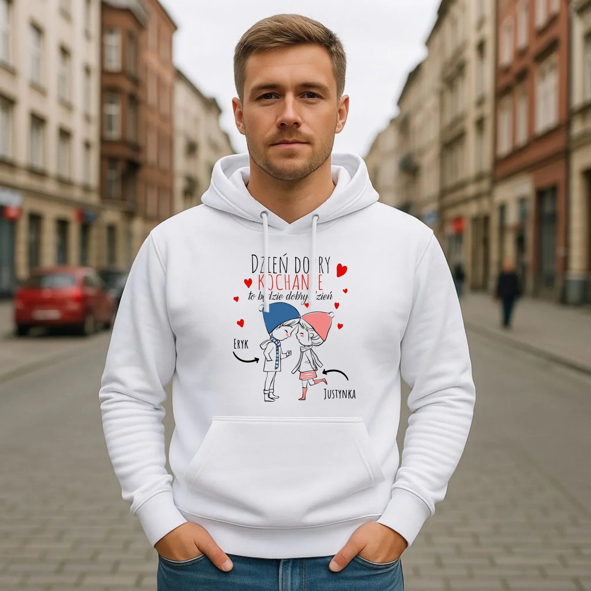 Bluza męska z kapturem dla par - Dzień dobry Kochanie - personalizowana W10 - StoryCups.pl