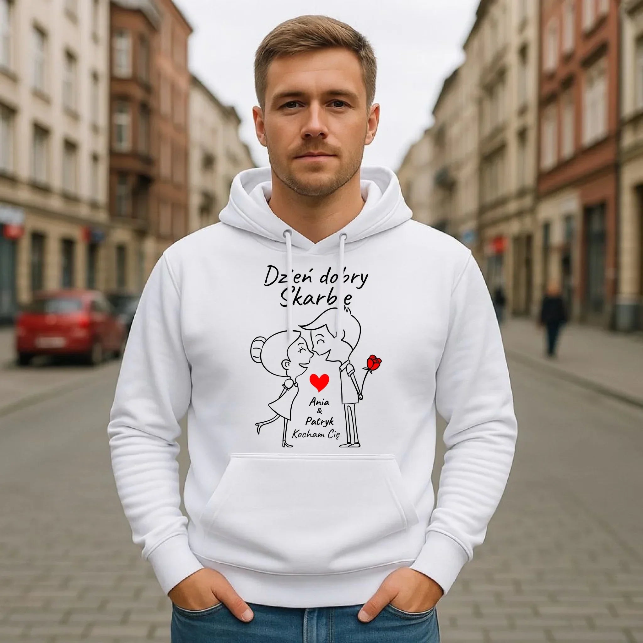 Bluza męska z kapturem dla par - Dzień dobry Skarbie - personalizowana W15 - StoryCups.pl