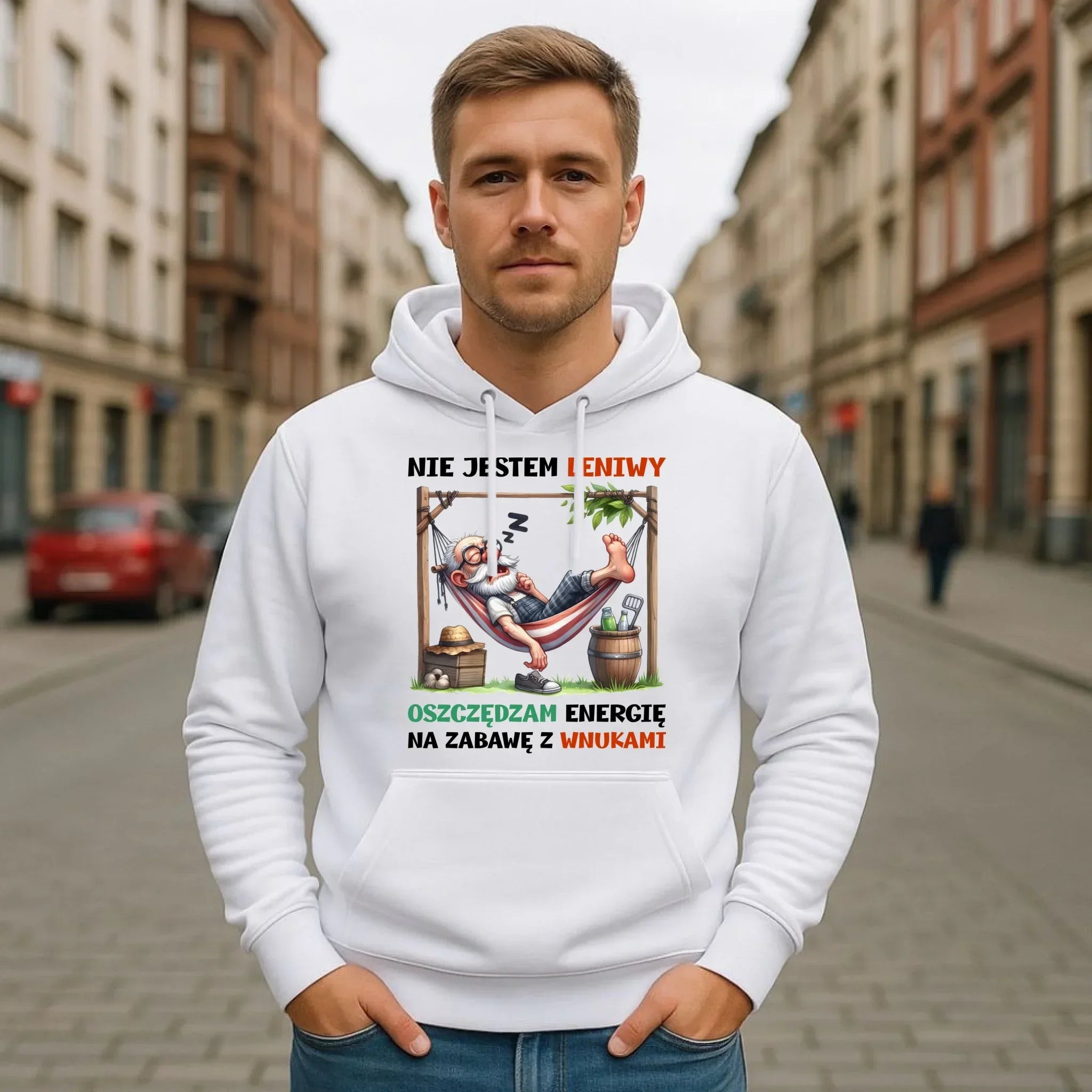 Bluza z kapturem dla dziadka - Nie jestem leniwy oszczędzam energię D39 - StoryCups.pl