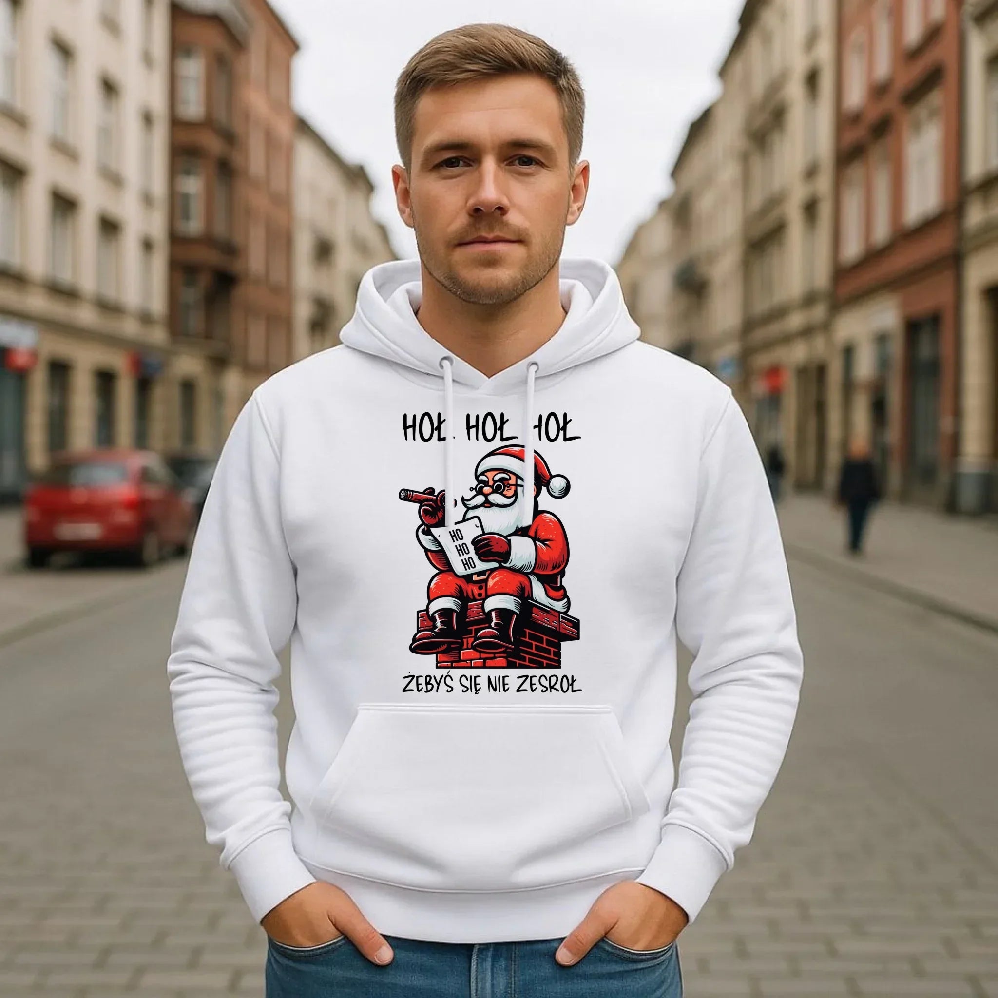 Bluza męska z kapturem świąteczna - Śmieszny prezent na Mikołaja - Hoł hoł hoł żebyś się nie zesroł BN156 - StoryCups.pl