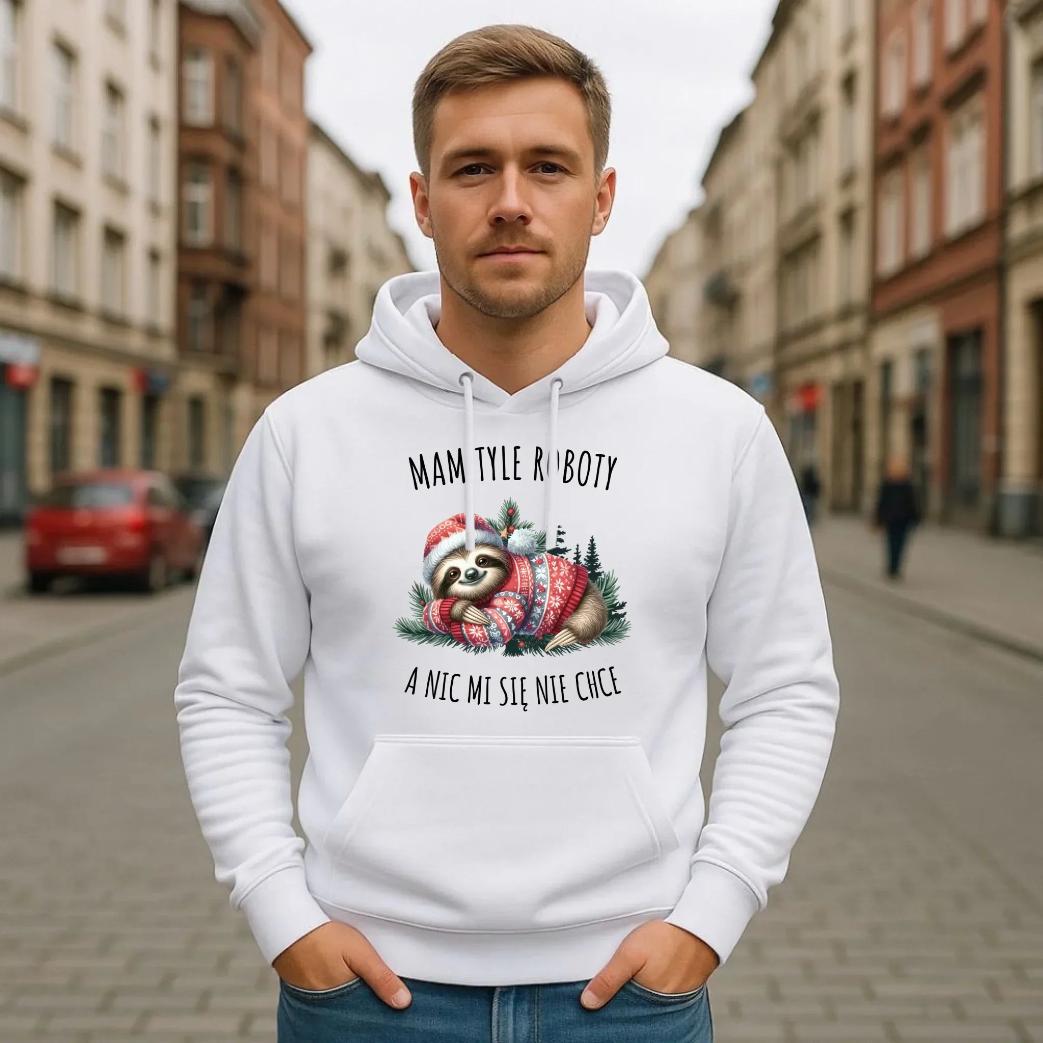 Bluza męska z kapturem świąteczna - Leniwiec Mam tyle roboty, a nic mi się nie chce BN18 - StoryCups.pl