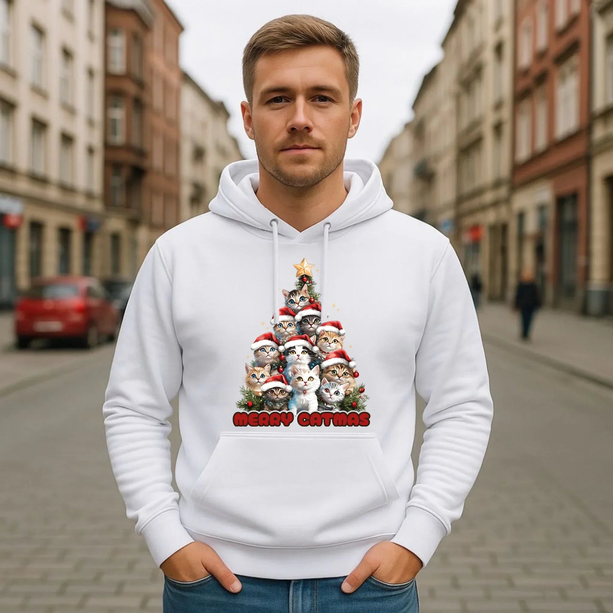Bluza męska z kapturem świąteczna - Kocia choinka Merry Catmas BN20 - StoryCups.pl