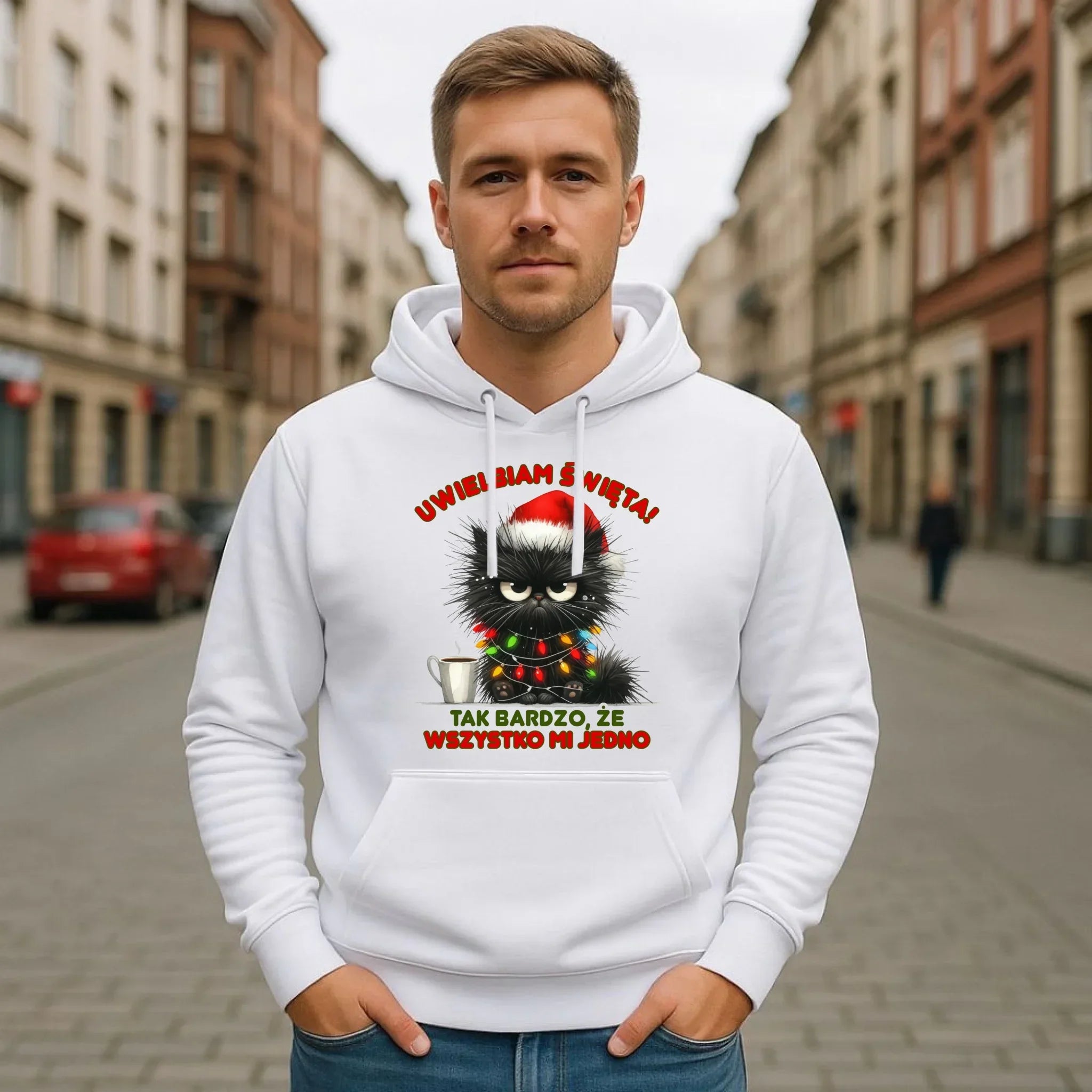 Bluza męska z kapturem świąteczna - Kot Maruda Wszystko mi jedno BN35 - StoryCups.pl