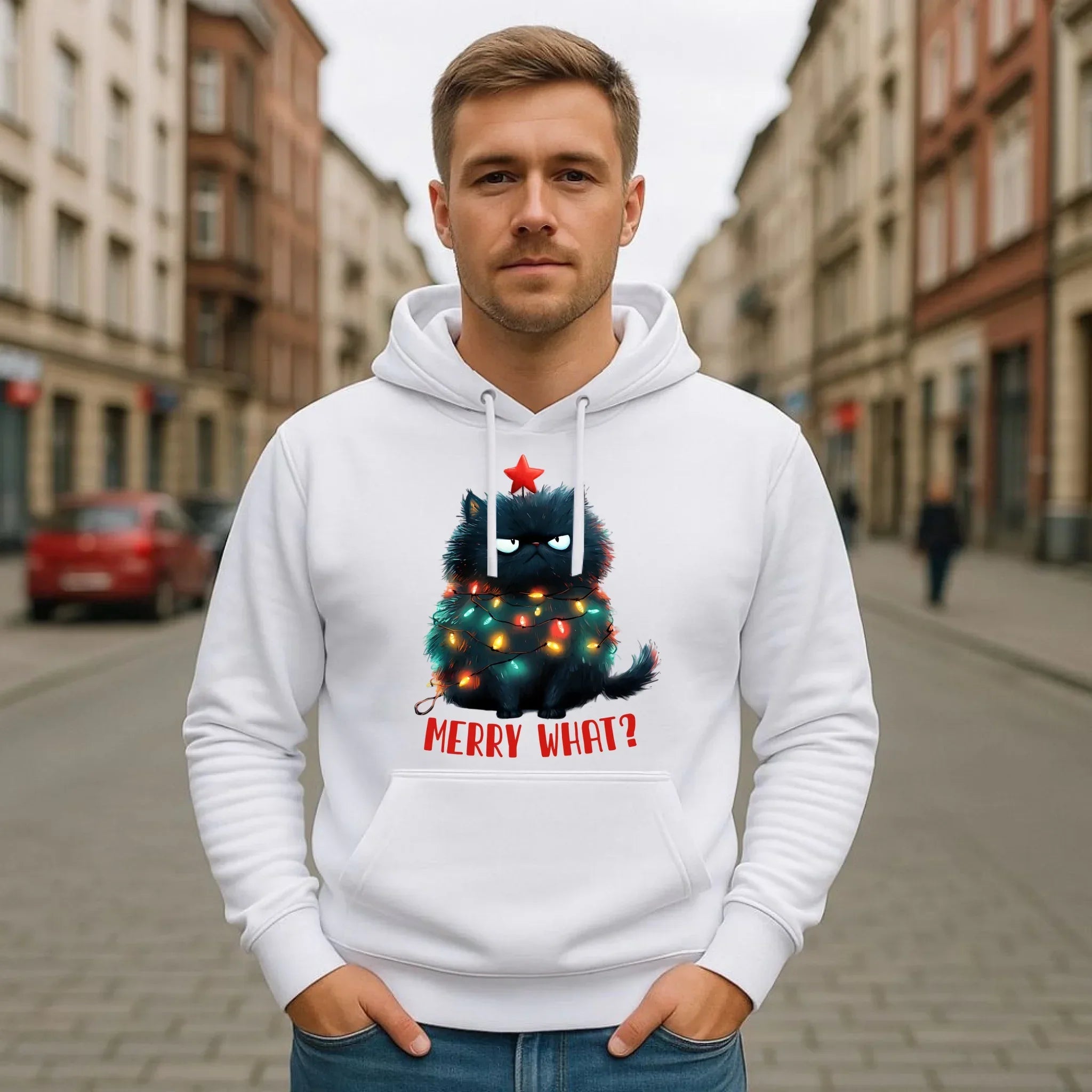 Bluza męska z kapturem świąteczna - Grumpy Cat Merry what? BN37 - StoryCups.pl