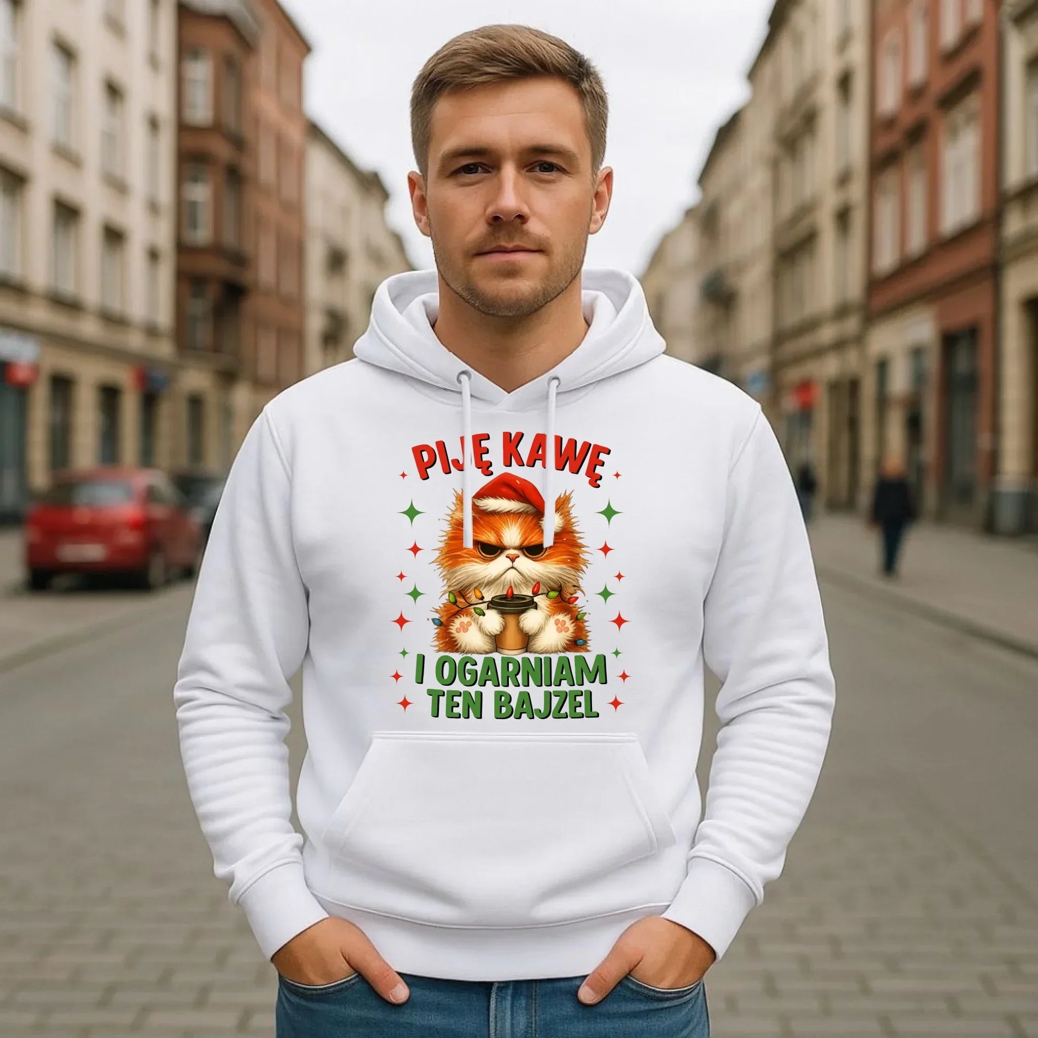 Bluza męska z kapturem świąteczna - Kot Piję kawę i ogarniam ten bajzel BN39 - StoryCups.pl