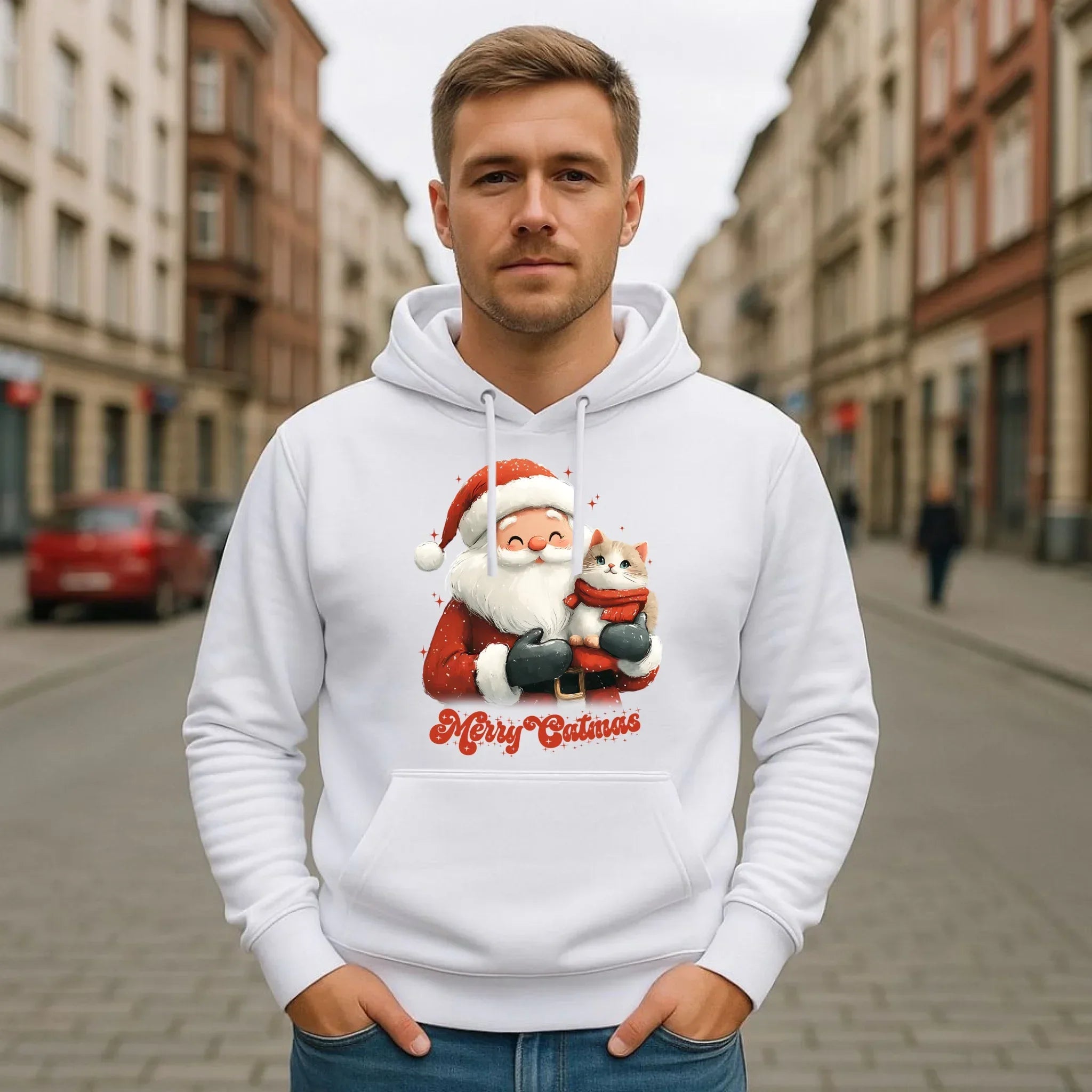 Bluza męska z kapturem świąteczna - Z kotem Merry Catmas BN38 - StoryCups.pl