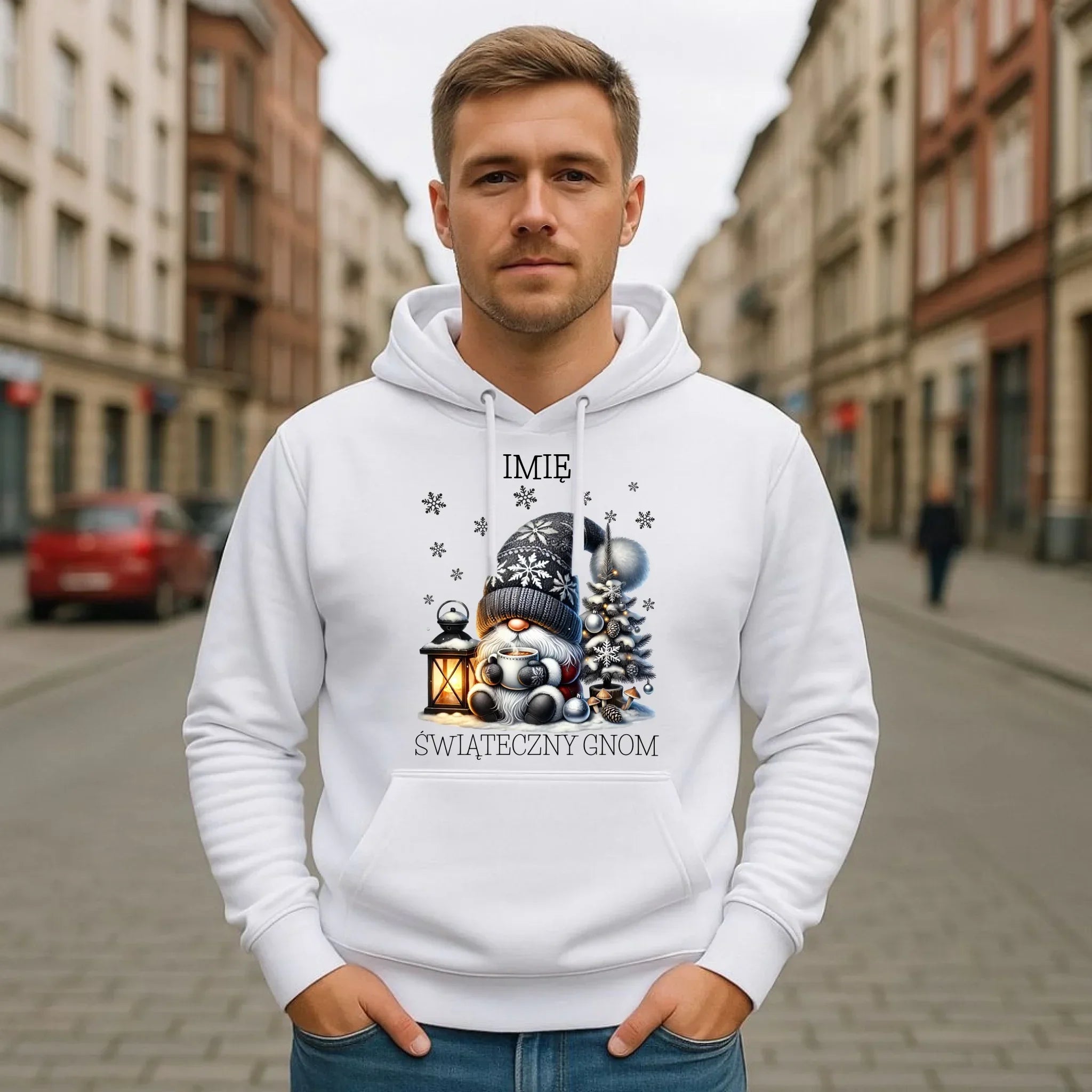 Bluza męska z kapturem świąteczna - Gnom z czekoladą - personalizowana BN41 - StoryCups.pl
