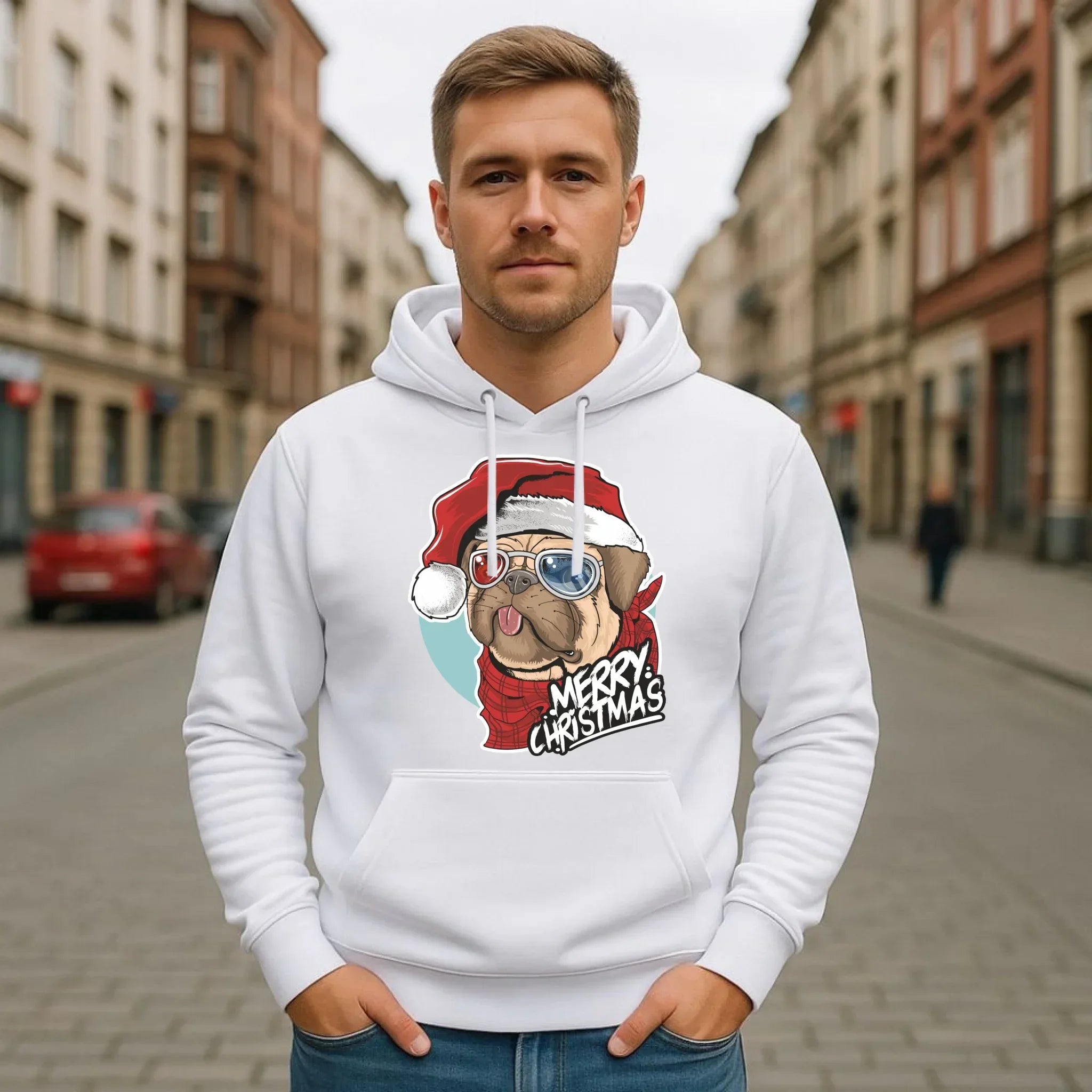 Bluza męska z kapturem świąteczna - Mops Merry Christmas BN62 - StoryCups.pl