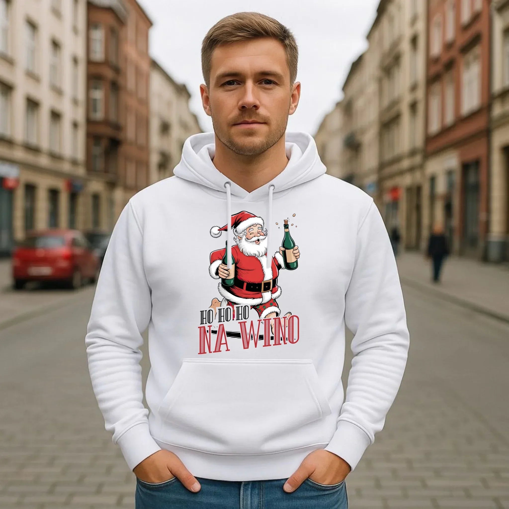 Bluza męska z kapturem świąteczna - Mikołaj Ho ho ho na wino BN61 - StoryCups.pl