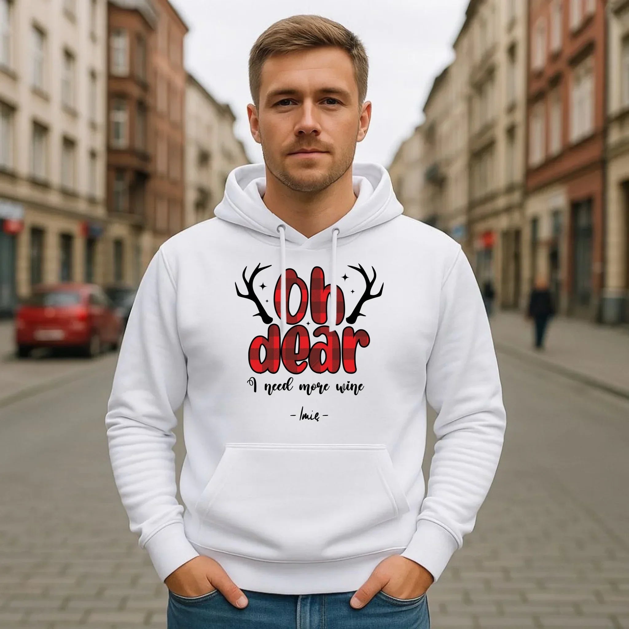 Bluza męska z kapturem świąteczna - Oh dear I need more wine - personalizowana BN63 - StoryCups.pl