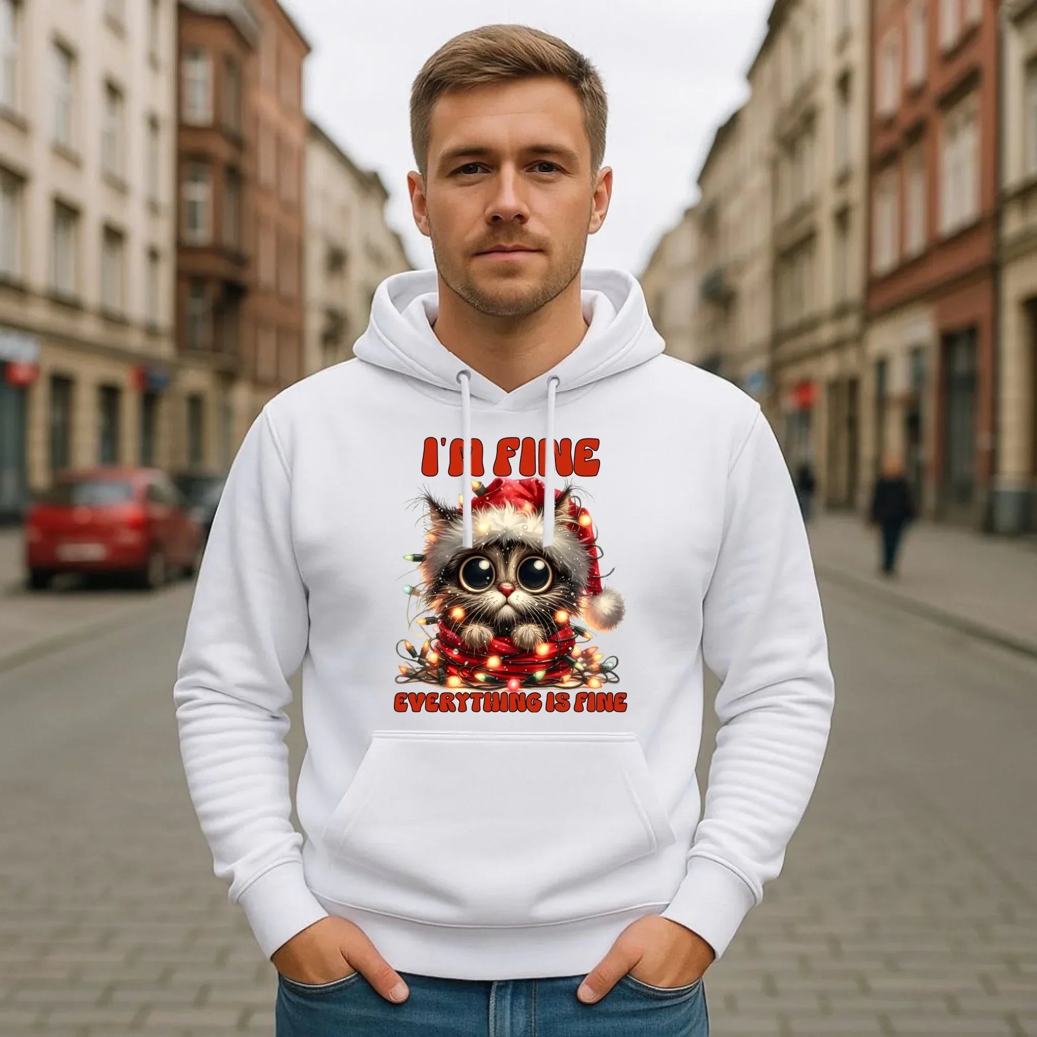 Bluza męska z kapturem świąteczna - Kotek I'm fine everything is fine BN67 - StoryCups.pl
