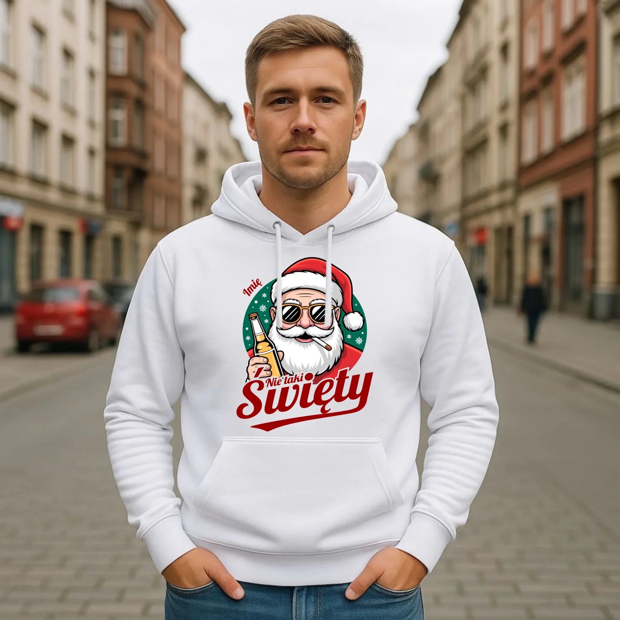 Bluza męska z kapturem świąteczna - Mikołaj nie taki święty - personalizowana BN80 - StoryCups.pl