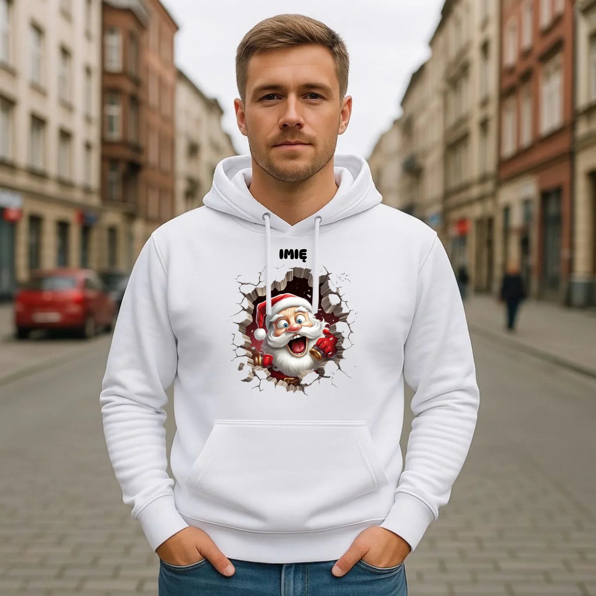 Bluza męska z kapturem świąteczna - Mikołaj 3D - personalizowana BN85 - StoryCups.pl