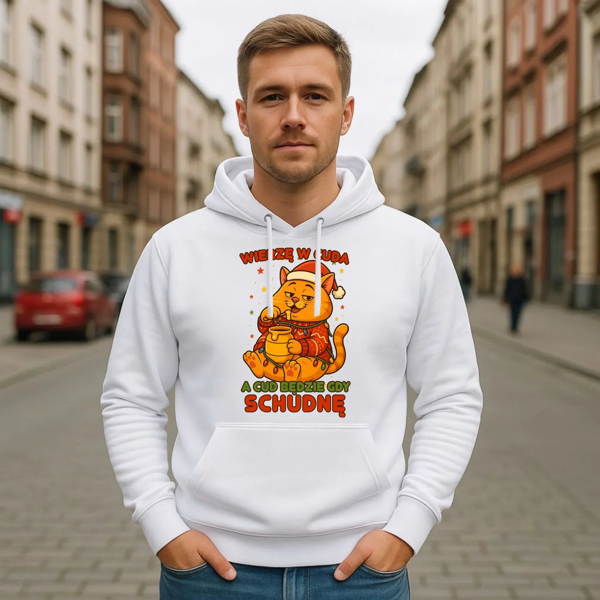 Bluza męska z kapturem świąteczna - Wierzę w cuda, a cud będzie gdy schudnę BN88 - StoryCups.pl