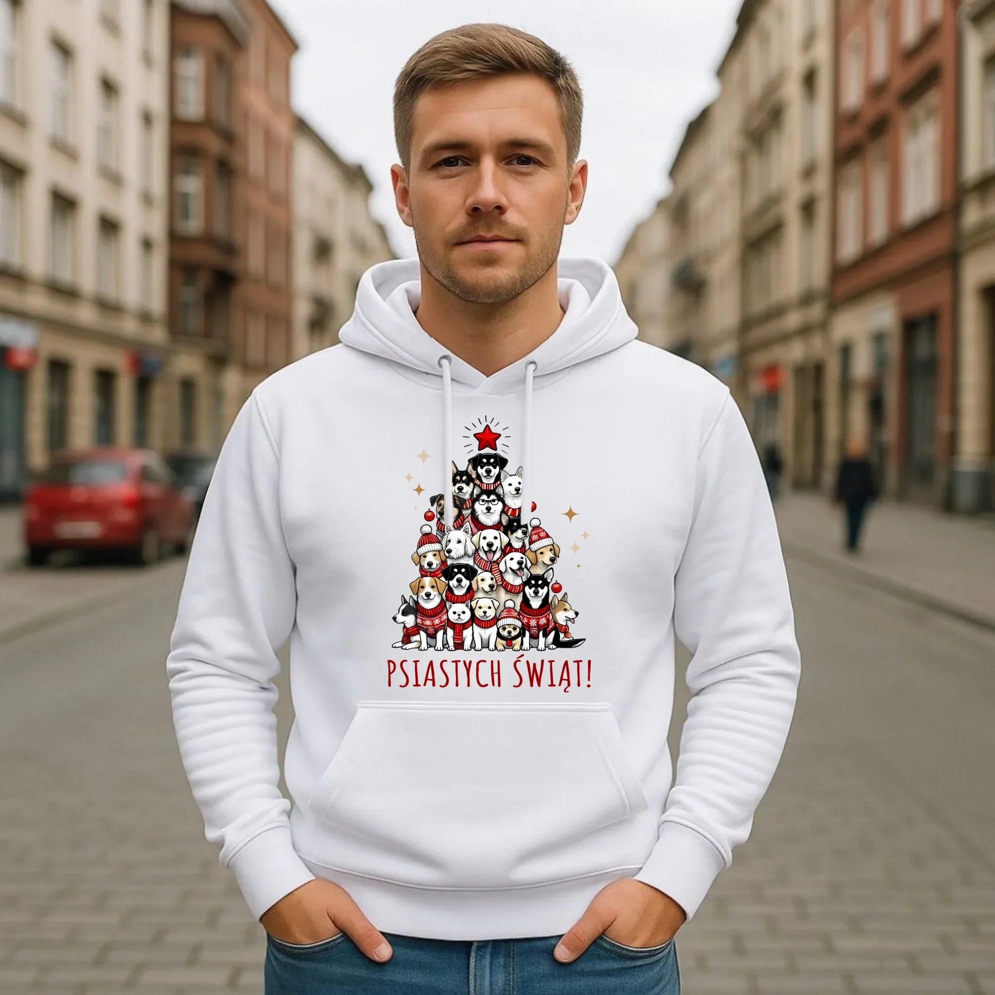 Bluza męska z kapturem świąteczna - Psia choinka Psiastych Świąt BN90 - StoryCups.pl