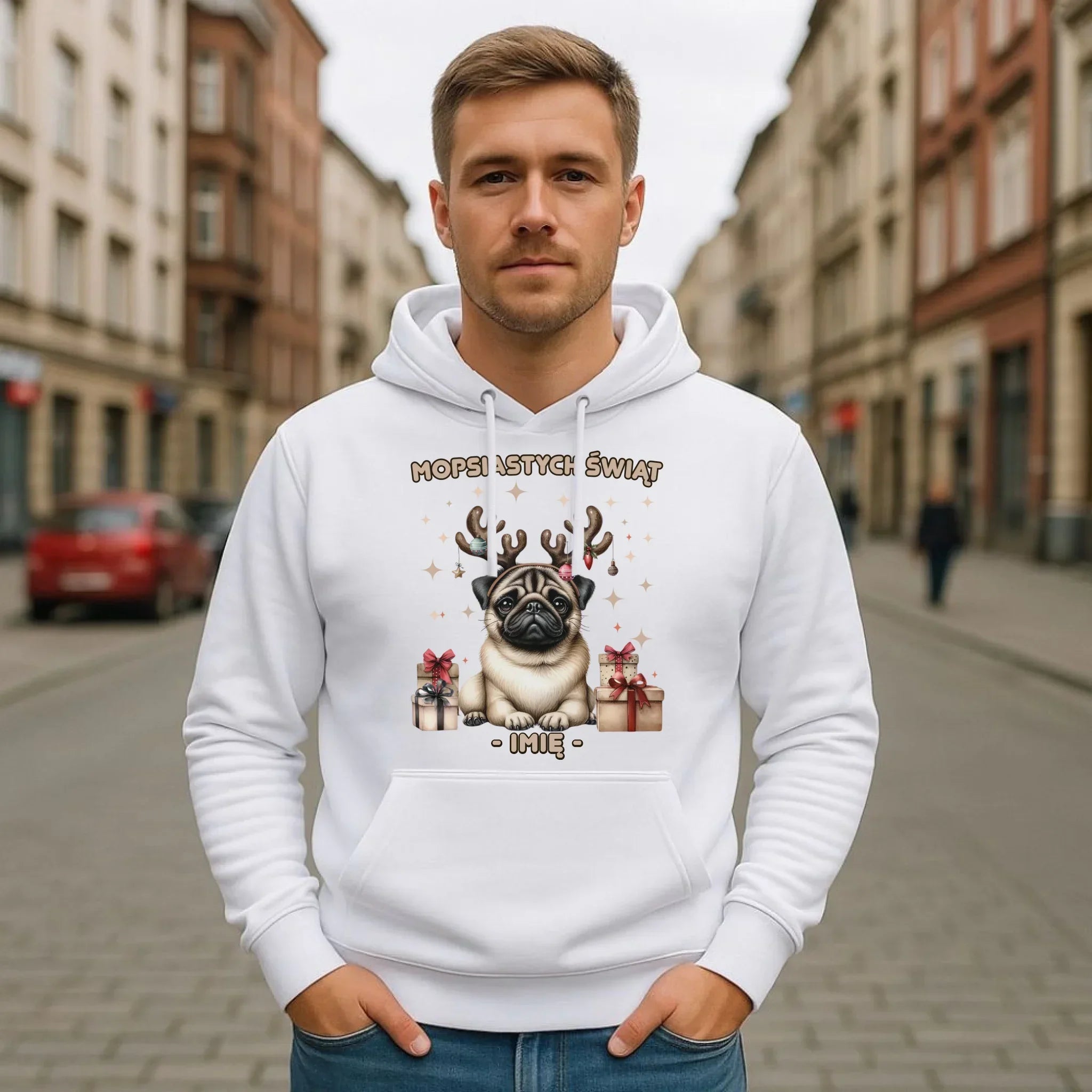 Bluza męska z kapturem świąteczna - Mops Mopsiastych świąt - personalizowana BN91 - StoryCups.pl