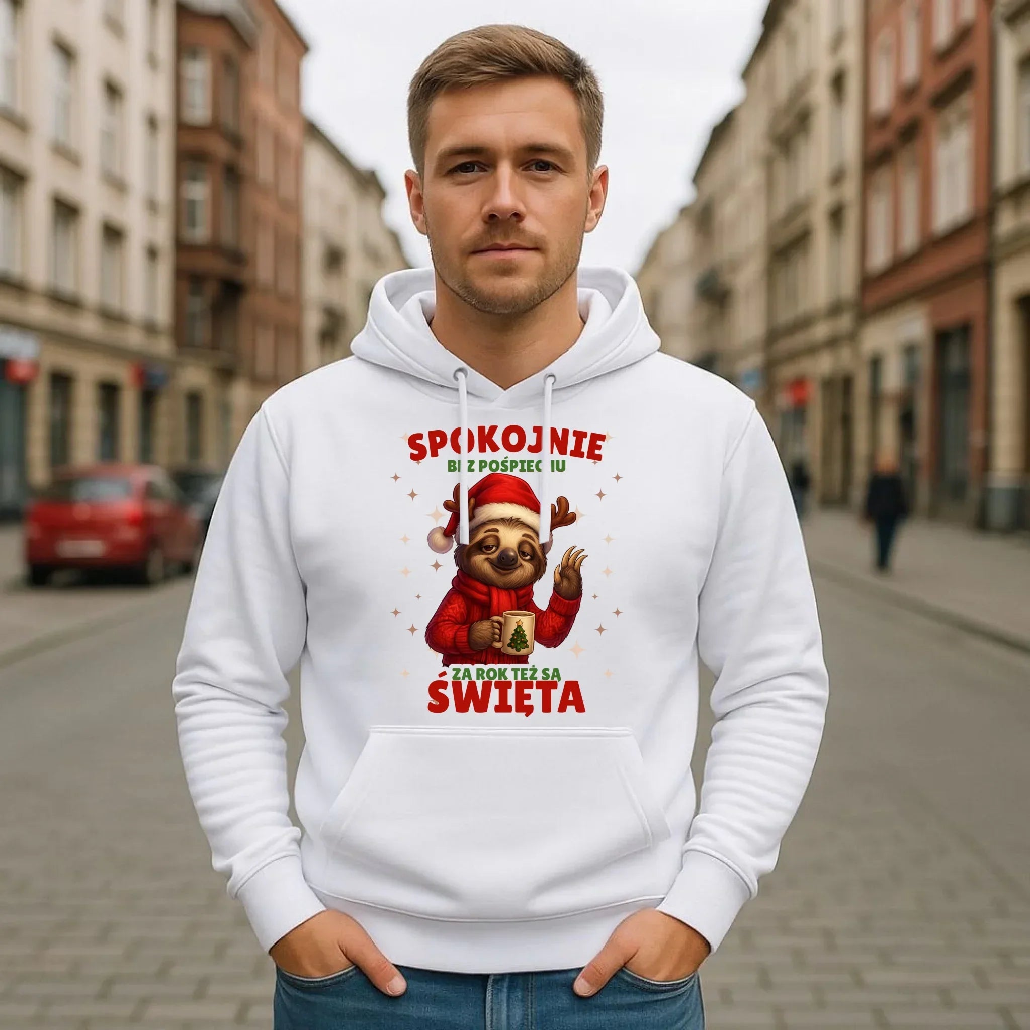 Bluza męska z kapturem świąteczna - Leniwiec Za rok też są święta BN92 - StoryCups.pl