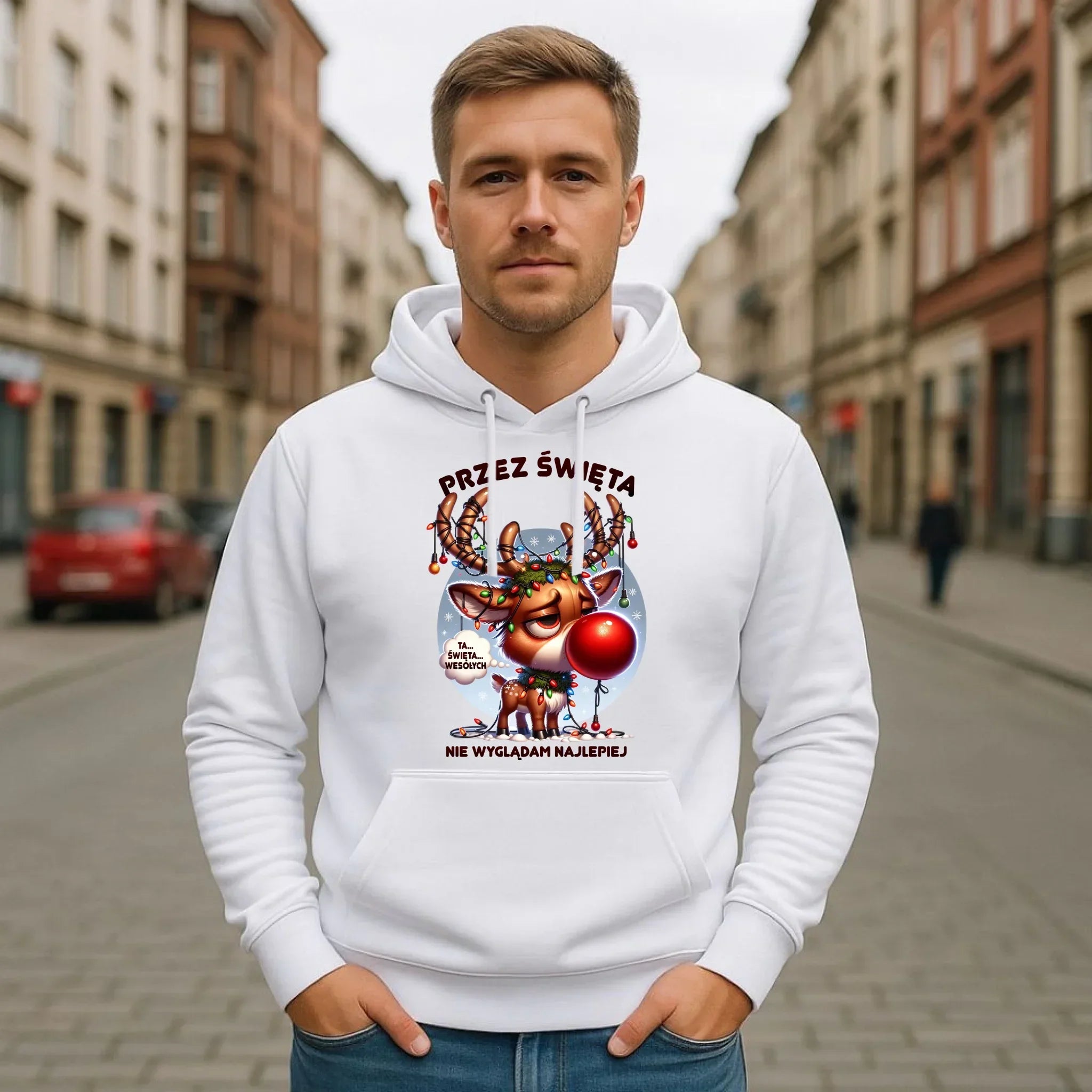 Bluza męska z kapturem świąteczna - Renifer Przez święta nie wyglądam najlepiej BN98 - StoryCups.pl