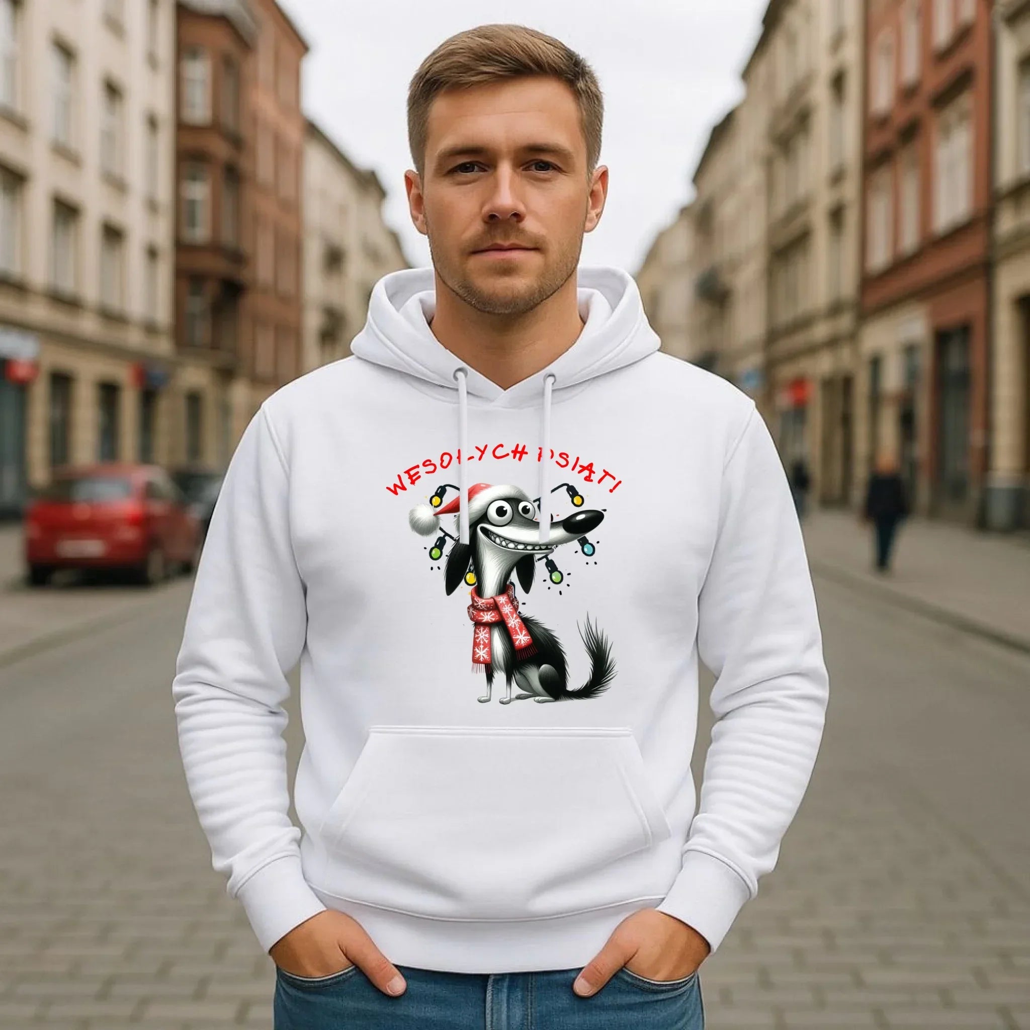 Bluza męska z kapturem świąteczna - Pies Wesołych psiąt BN140 - StoryCups.pl