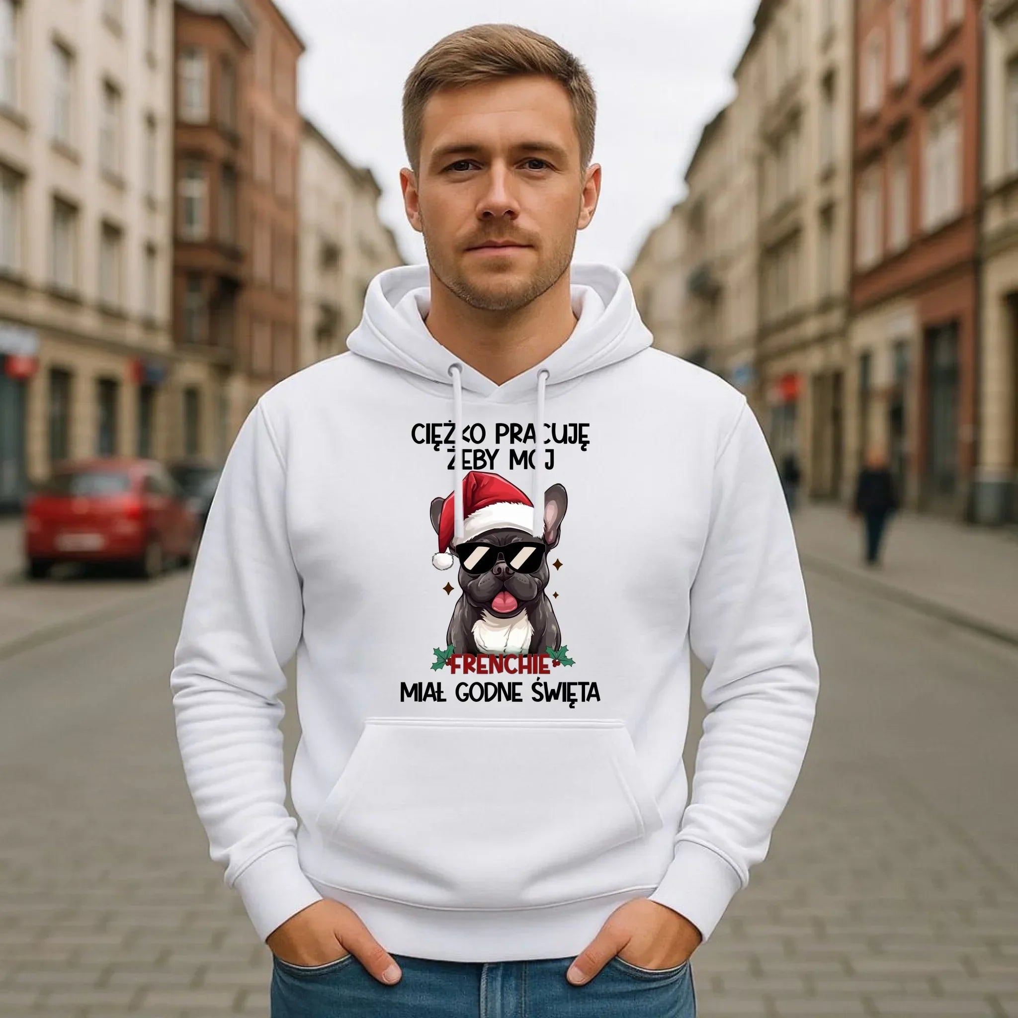 Bluza męska z kapturem świąteczna - Buldożek Francuski - Ciężko pracuję, żeby mój frenchie miał godne święta BN109 - StoryCups.pl