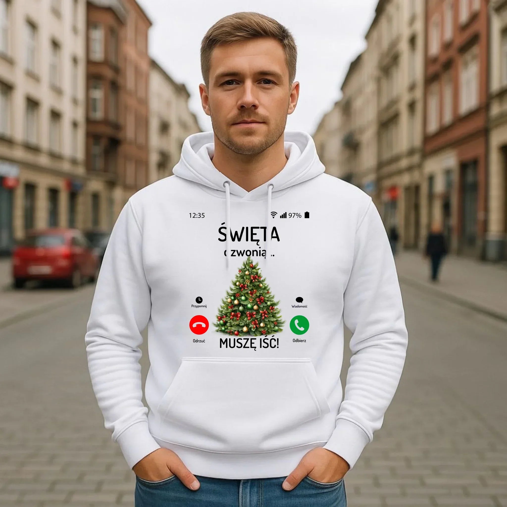 Bluza męska z kapturem świąteczna - Choinka Święta dzwonią muszę iść BN124 - StoryCups.pl