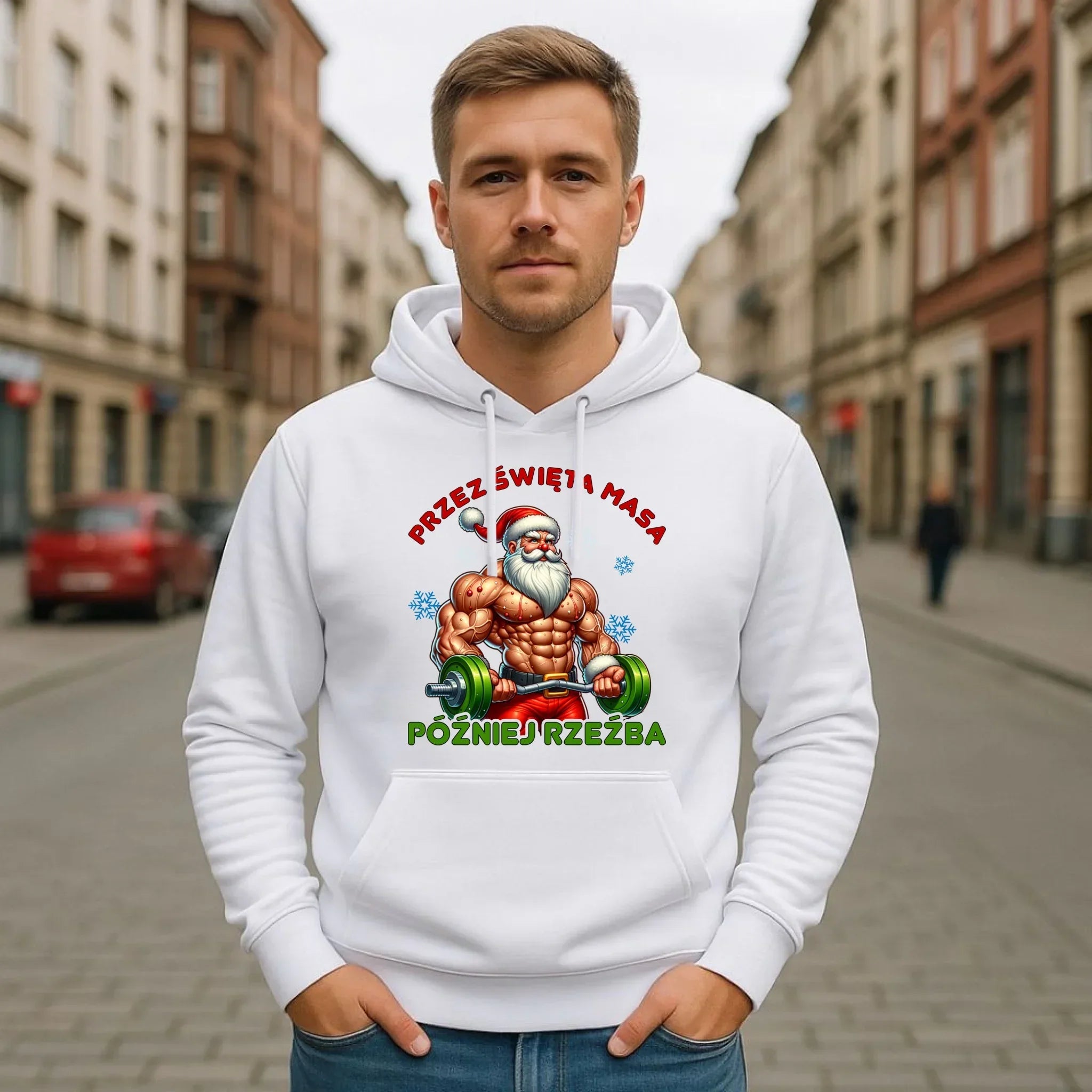 Bluza męska z kapturem świąteczna - Mikołaj na siłowni - Przez święta masa, później rzeźba BN139 - StoryCups.pl