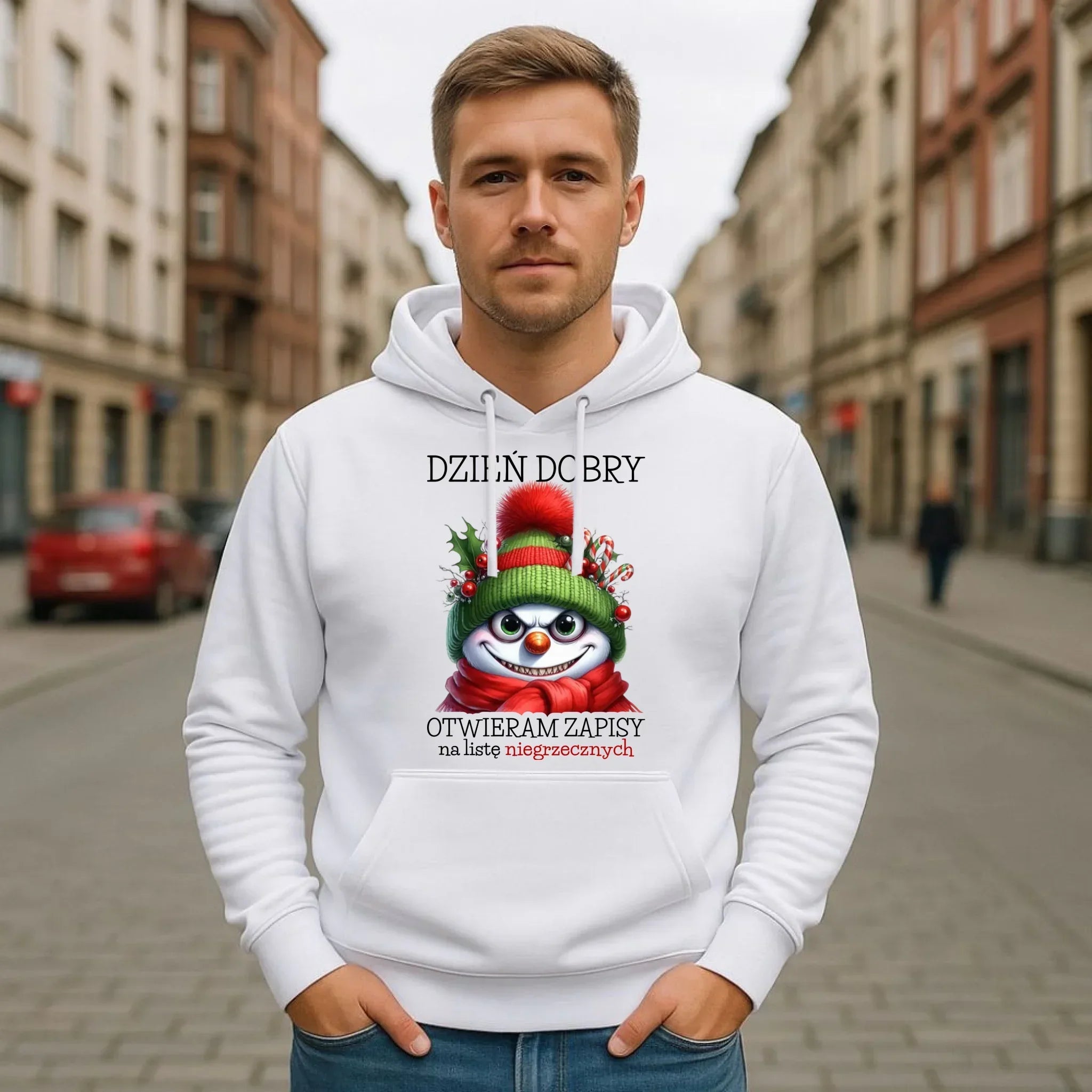 Bluza męska z kapturem świąteczna - Niegrzeczny bałwan - Dzień dobry otwieram zapisy na listę BN121 - StoryCups.pl