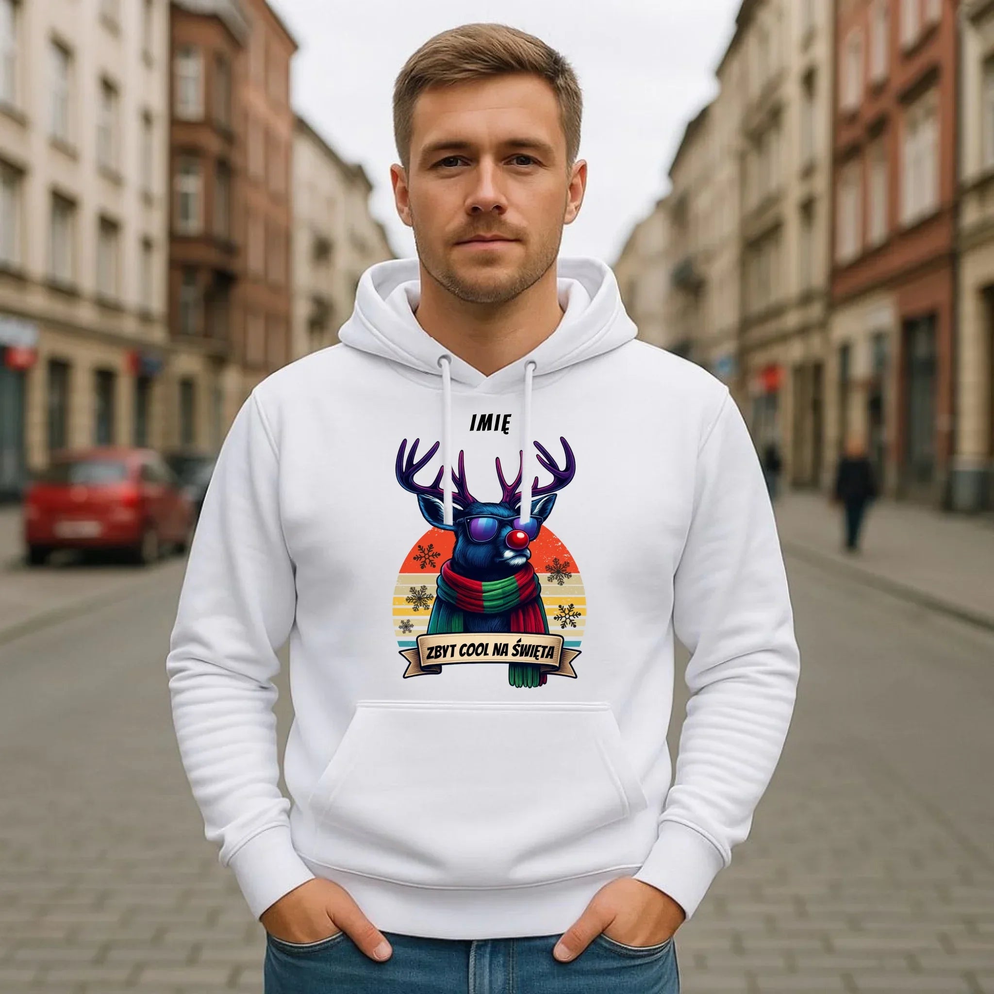 Bluza męska z kapturem świąteczna z reniferem - Zbyt cool na święta - personalizowana BN128 - StoryCups.pl