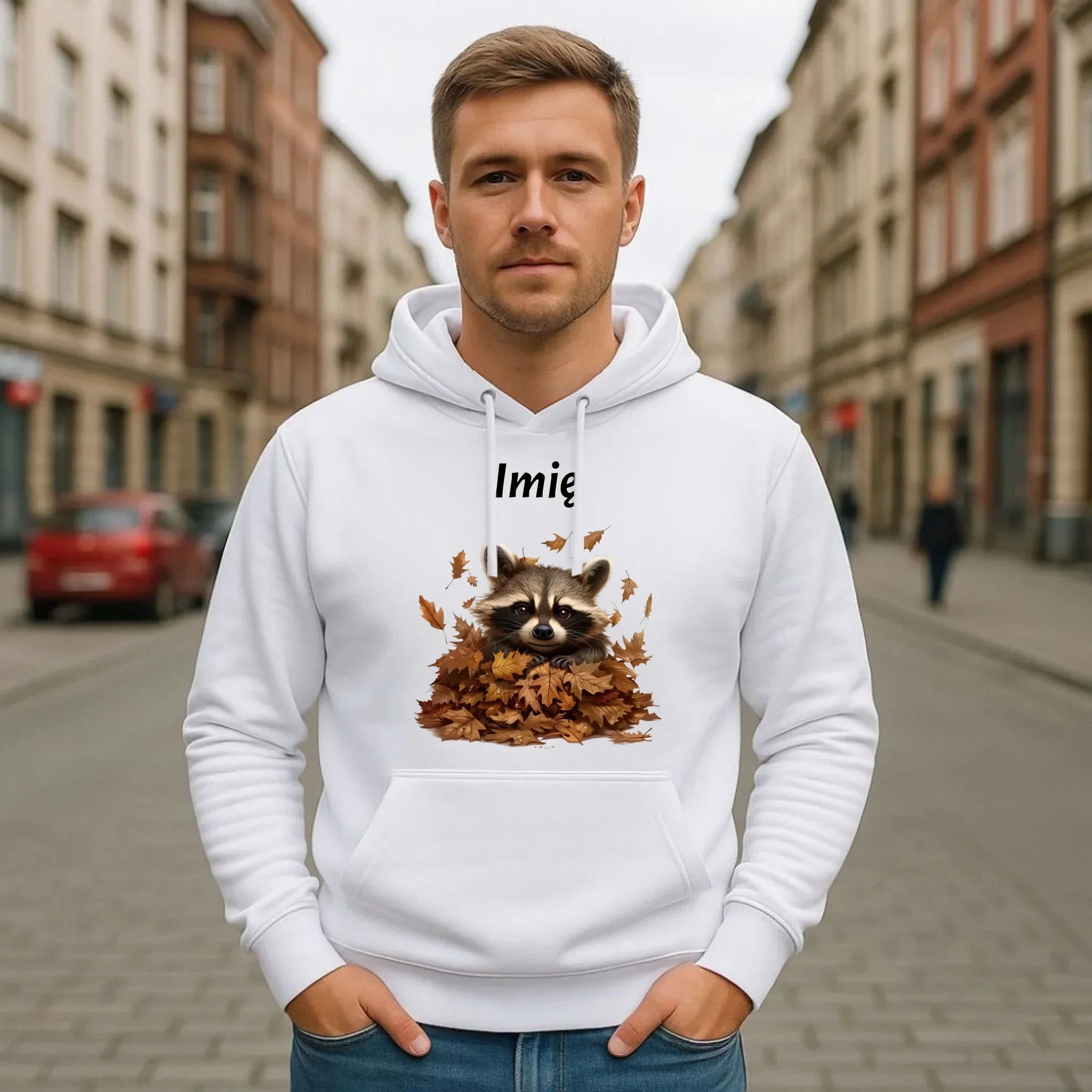 Bluza męska z kapturem jesienna - Szop w liściach - personalizowana JS24 - StoryCups.pl