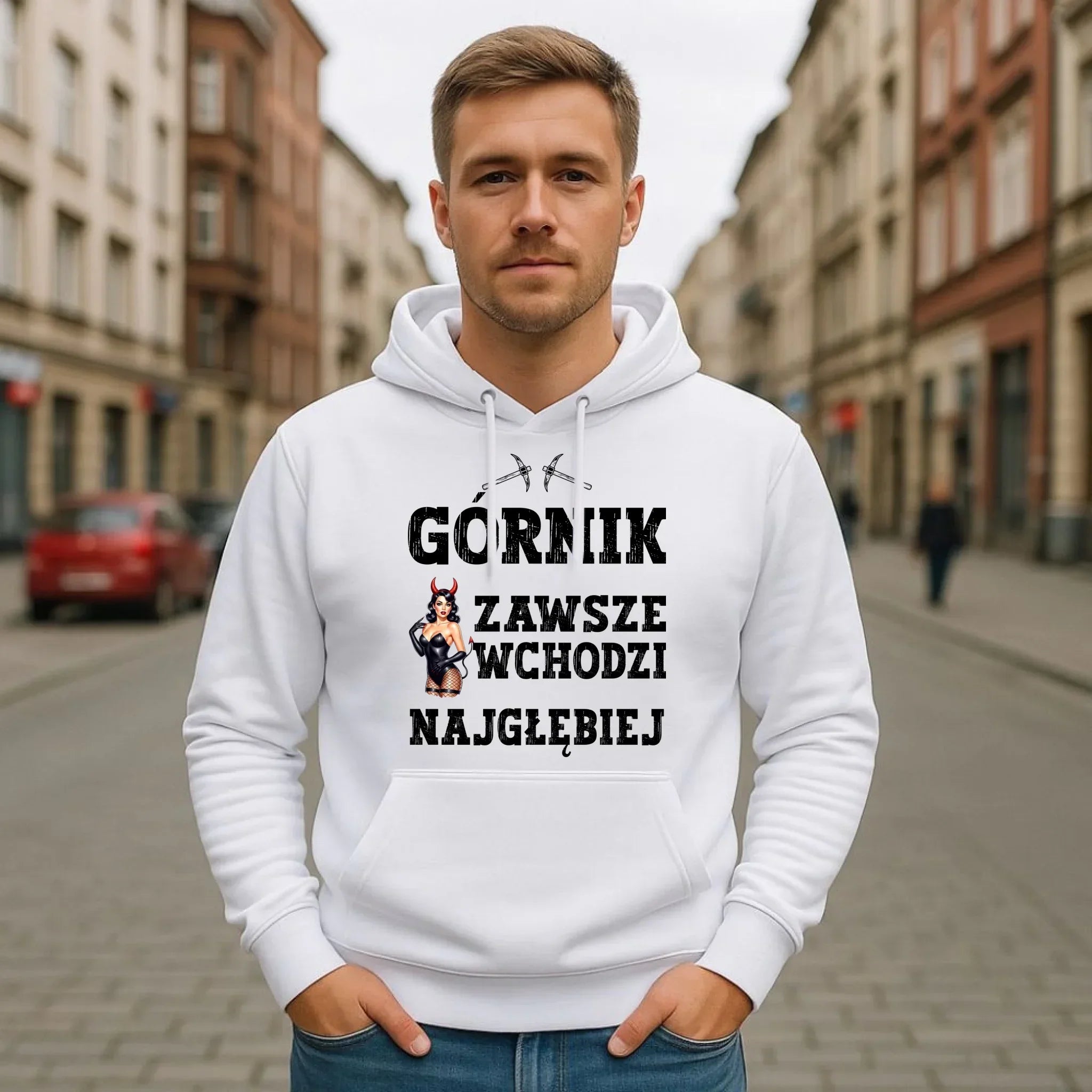 Bluza męska z kapturem - prezent dla górnika - Górnik zawsze wchodzi najgłębiej G22 - StoryCups.pl