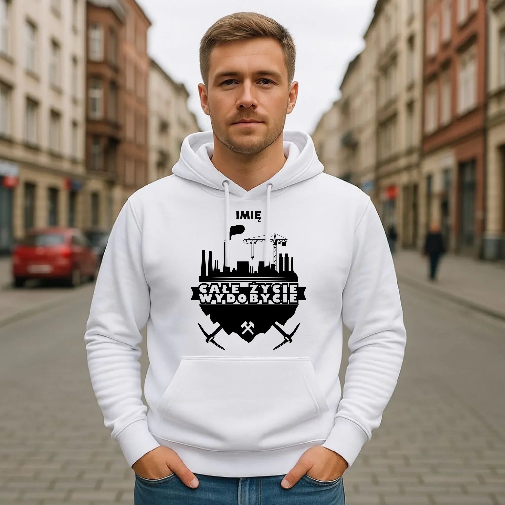 Bluza męska z kapturem - prezent dla górnika - Całe życie wydobycie - personalizowana G09 - StoryCups.pl