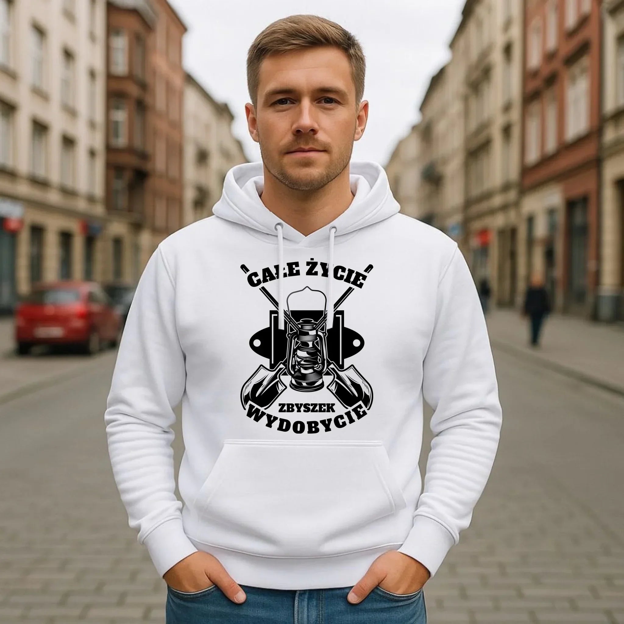 Bluza męska z kapturem - prezent dla górnika - Całe życie wydobycie - personalizowana G01 - StoryCups.pl