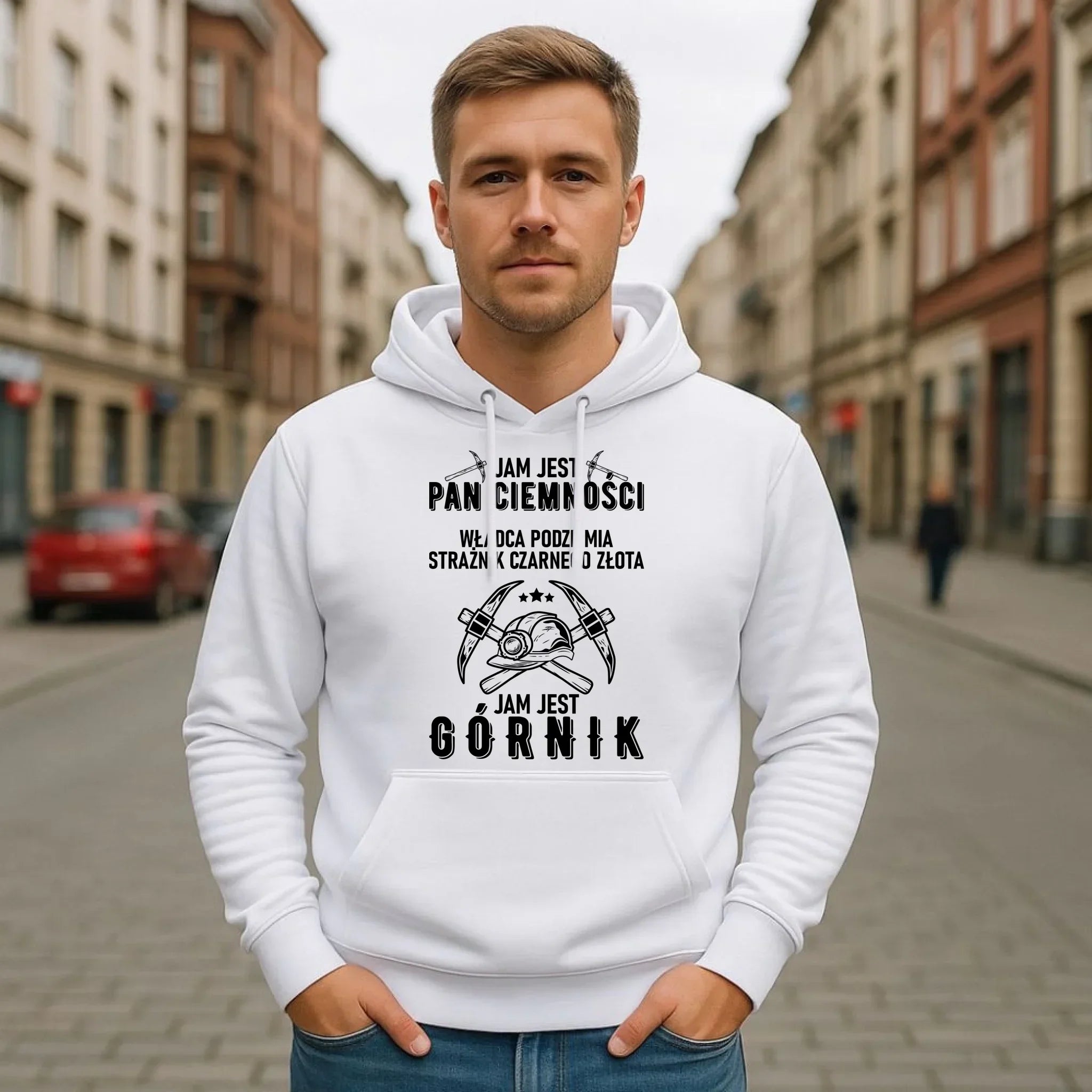 Bluza męska z kapturem - prezent dla górnika - Pan ciemności jam jest górnik G04 - StoryCups.pl