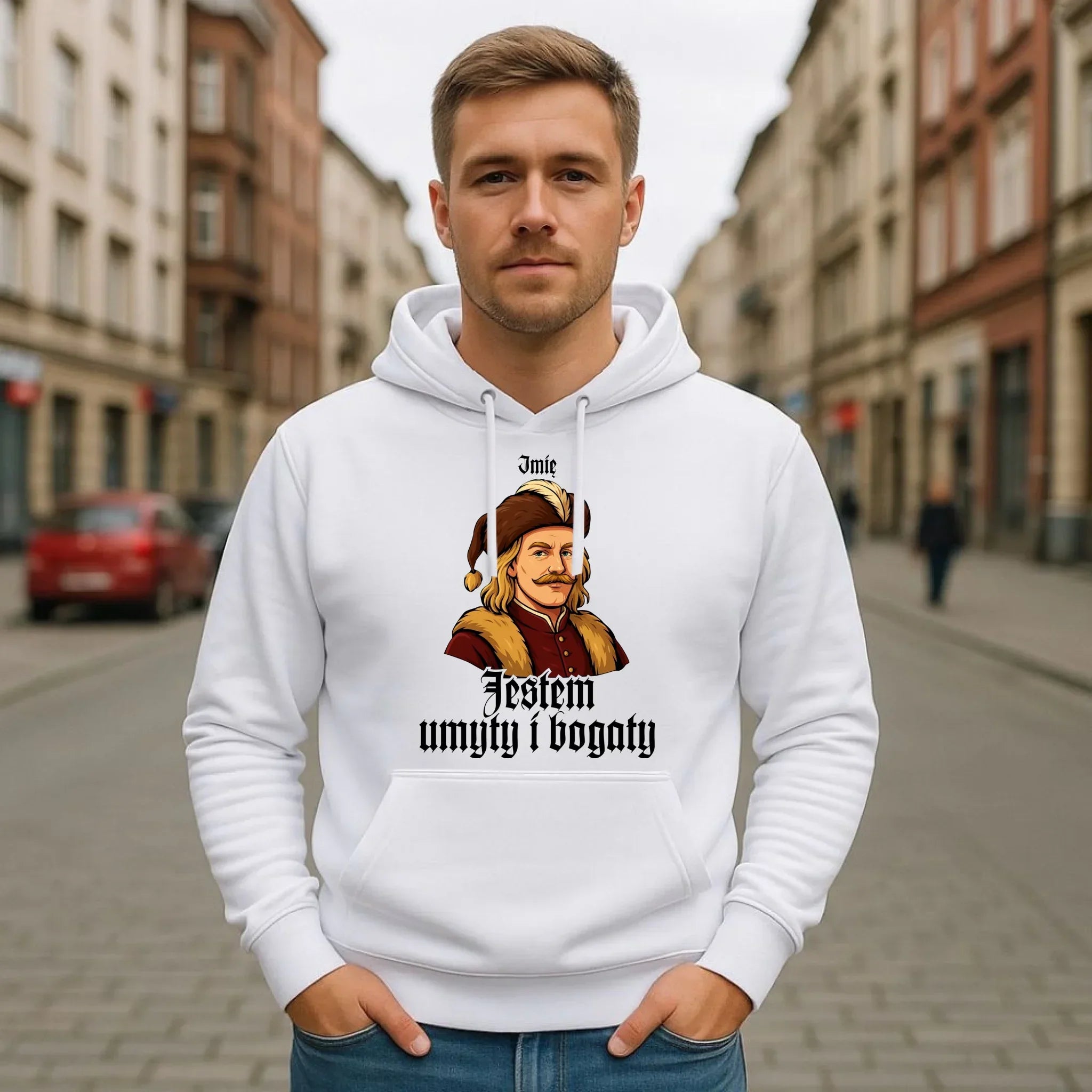 Bluza męska z kapturem - Jestem umyty i bogaty - dla fanów serialu 1670 - personalizowana H60 - StoryCups.pl