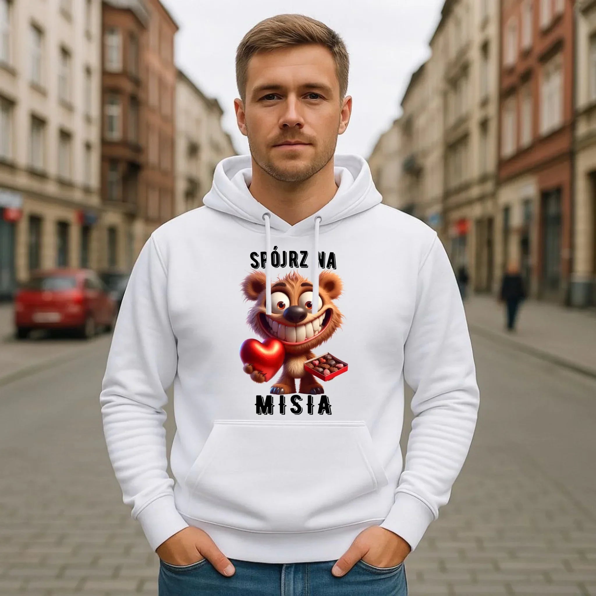 Bluza męska z kapturem na Walentynki - Spójrz na Misia W31 - StoryCups.pl