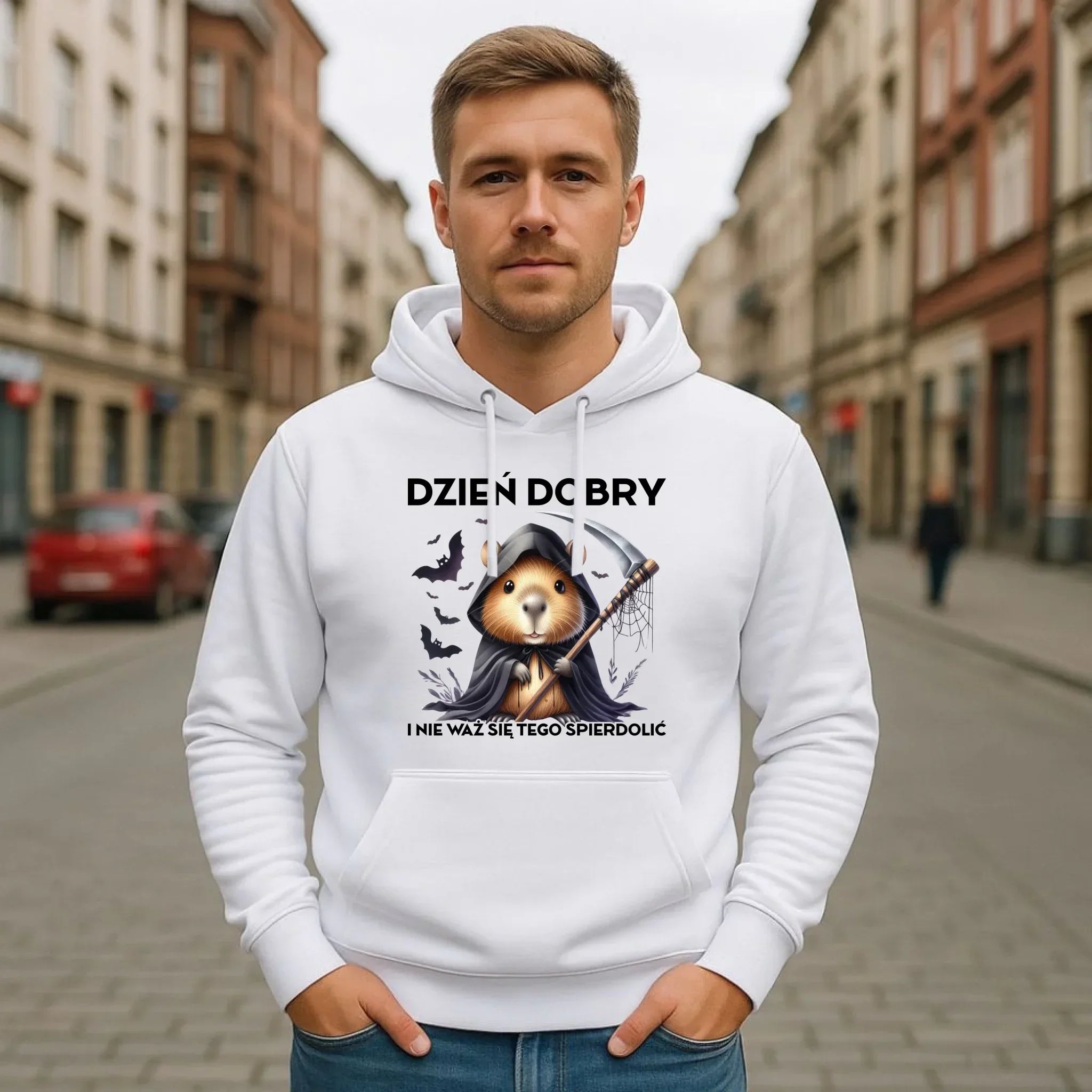 Bluza męska z kapturem na halloween - Kapibara Żniwiarz - Dzień dobry - bez cenzury HL20 - StoryCups.pl