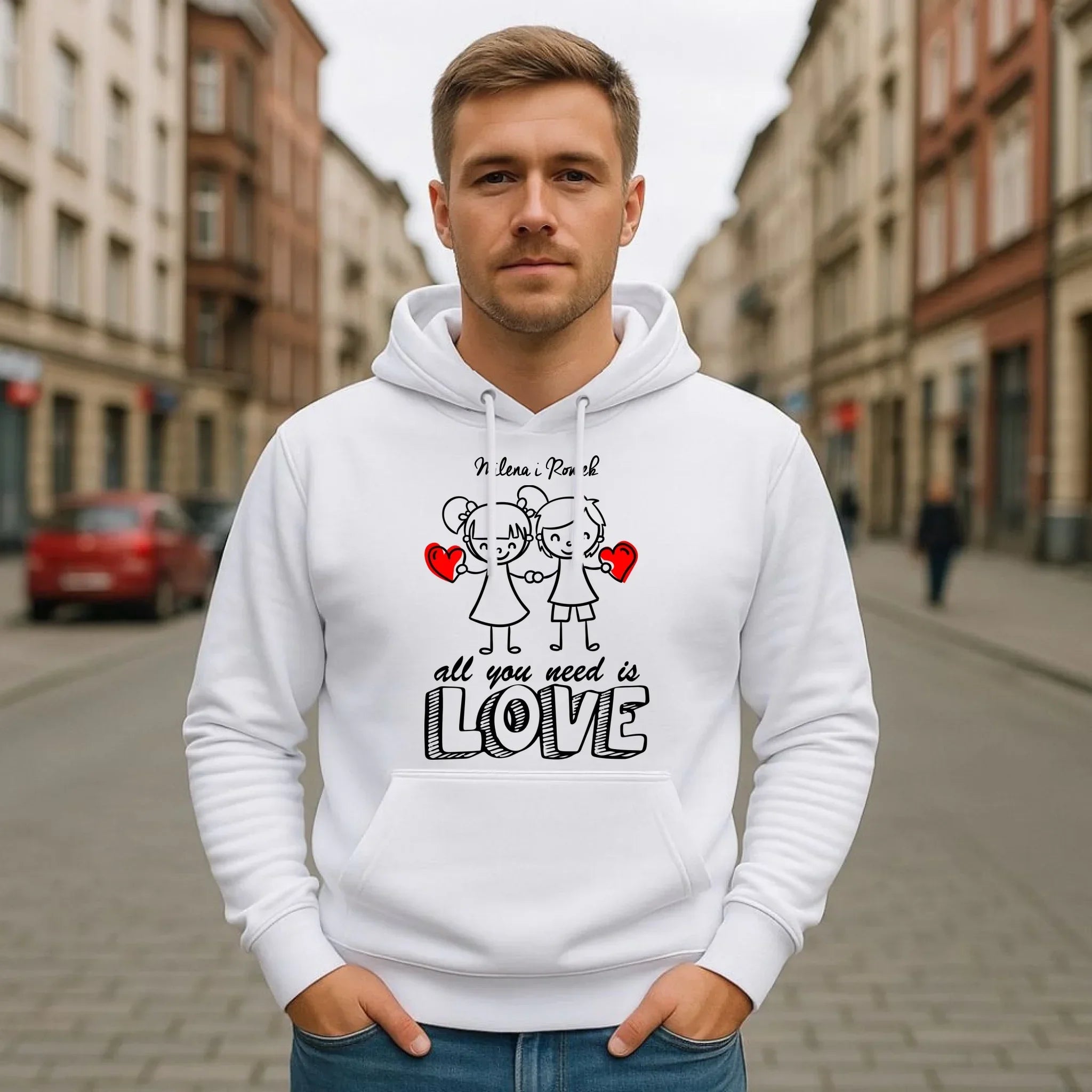 Bluza męska z kapturem dla par - All You need is love - personalizowana W13 - StoryCups.pl