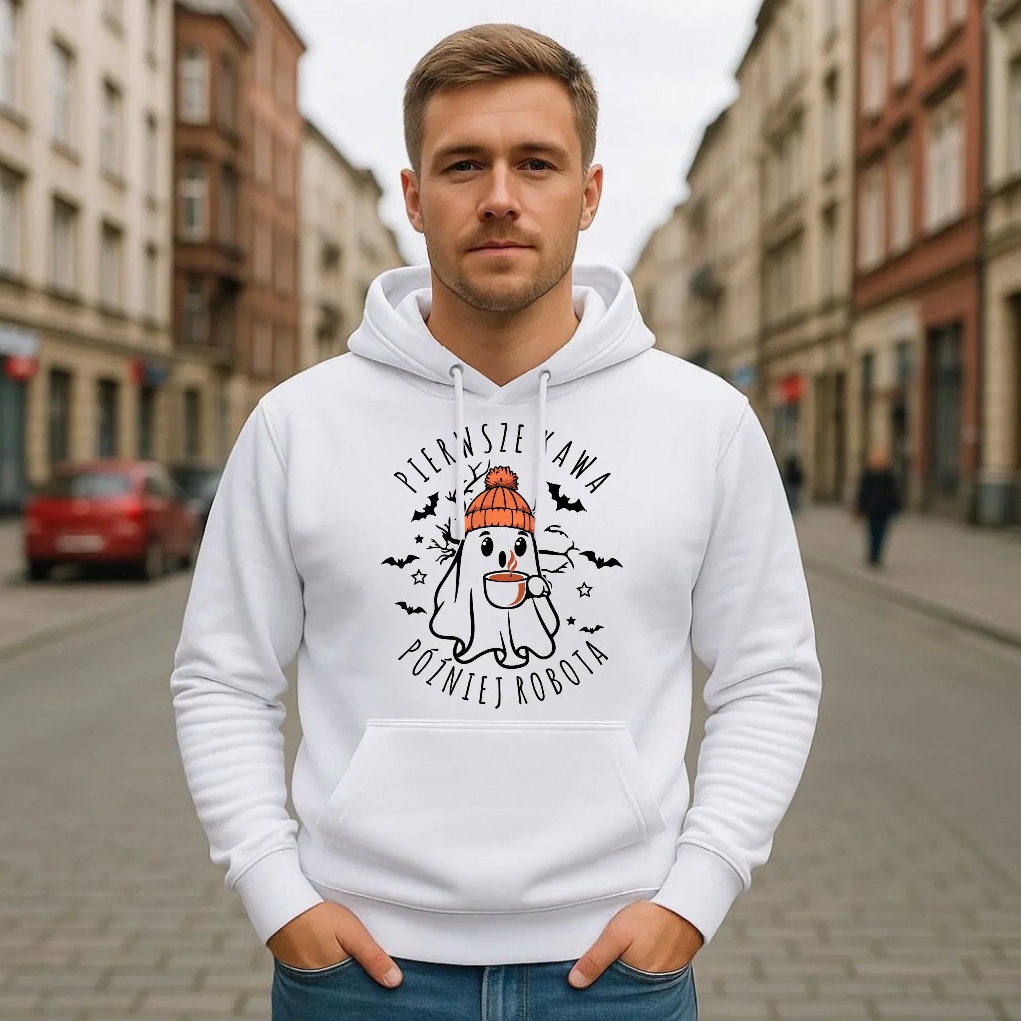 Bluza męska z kapturem na Halloween - Duch z kawą - Pierwsze kawa później robota HL01 - StoryCups.pl