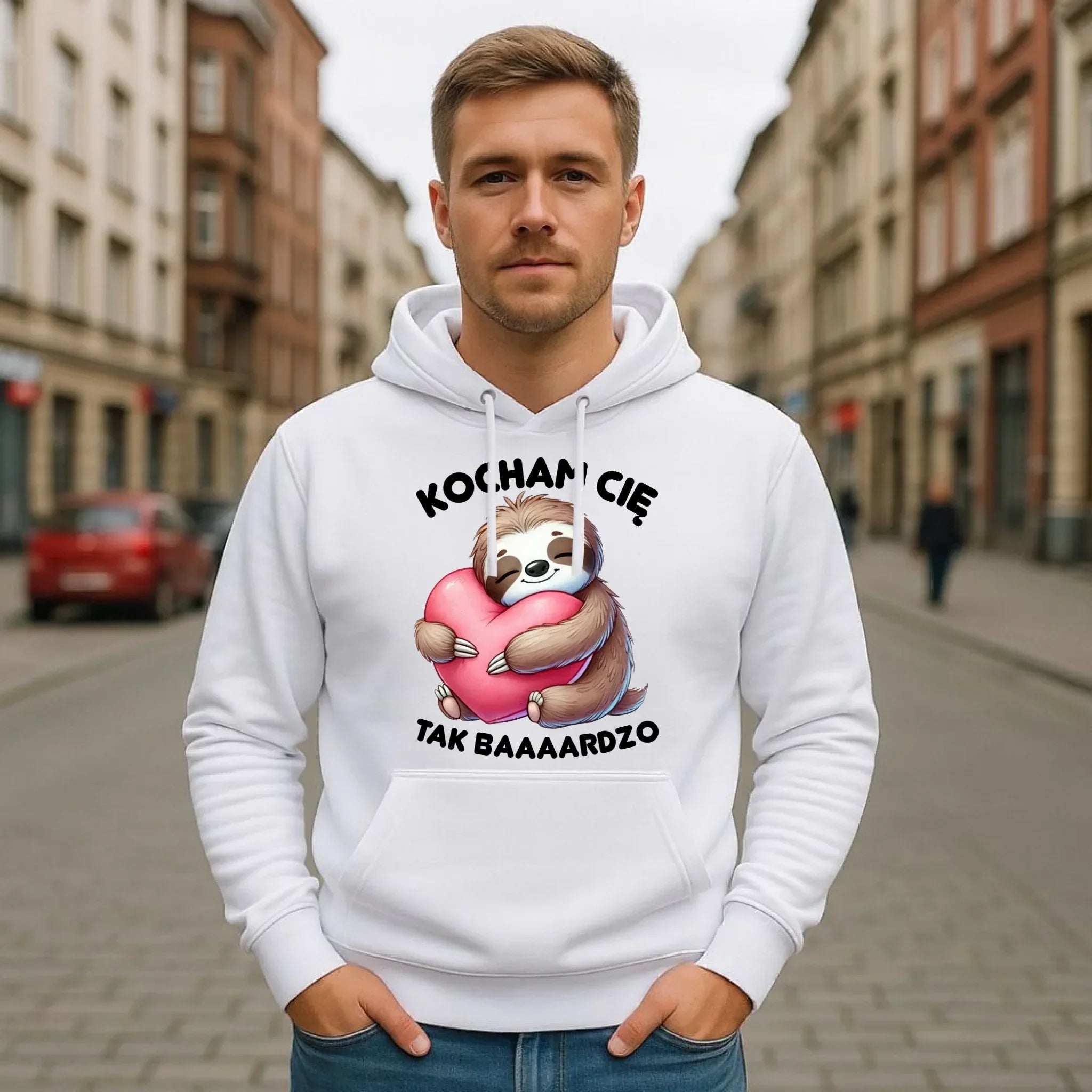 Bluza męska z kapturem - Leniwiec Kocham Cię tak baaaardzo W16 - StoryCups.pl