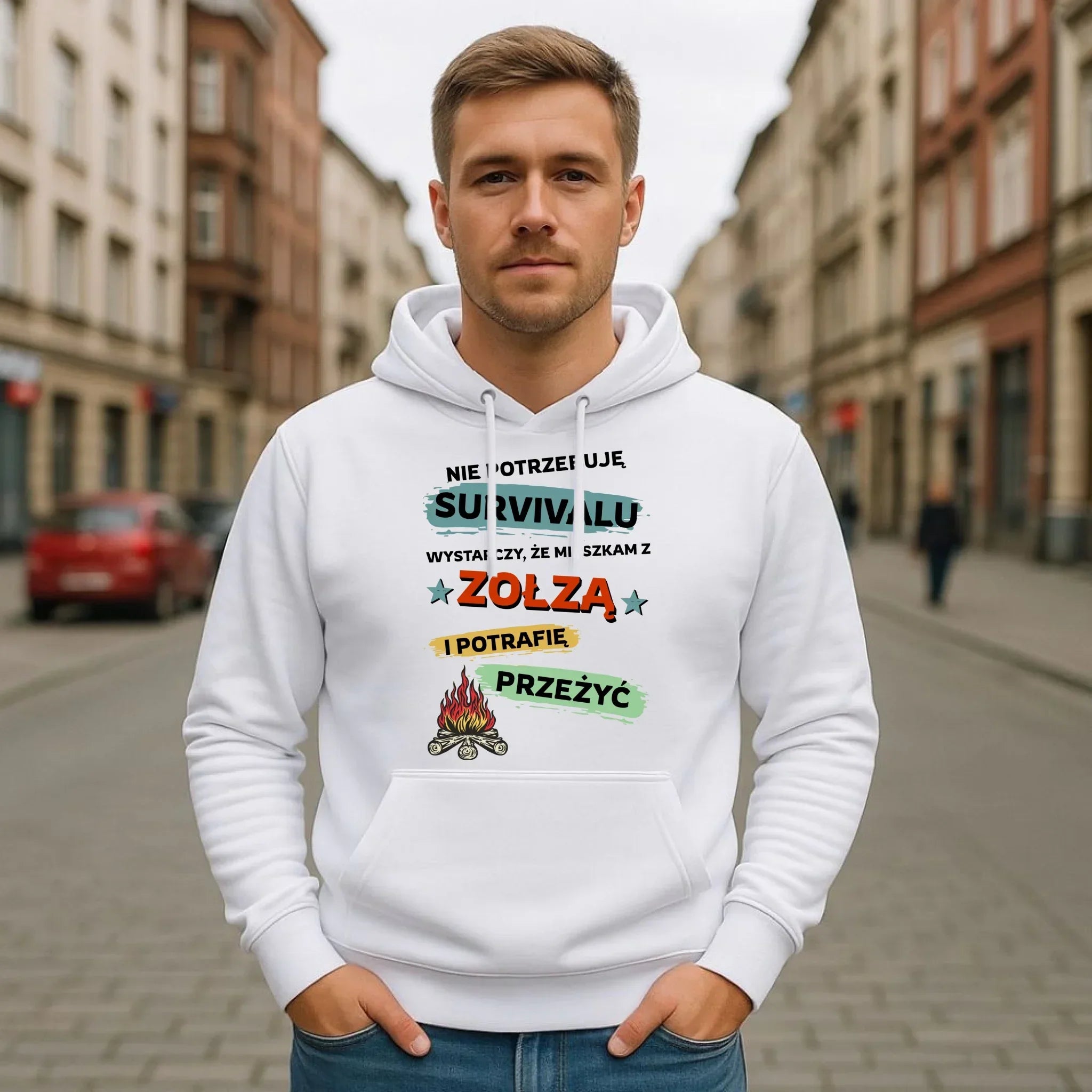 Bluza męska z kapturem – Prezent dla chłopaka męża - Nie potrzebuję survivalu, mieszkam z zołzą DCH25 - StoryCups.pl